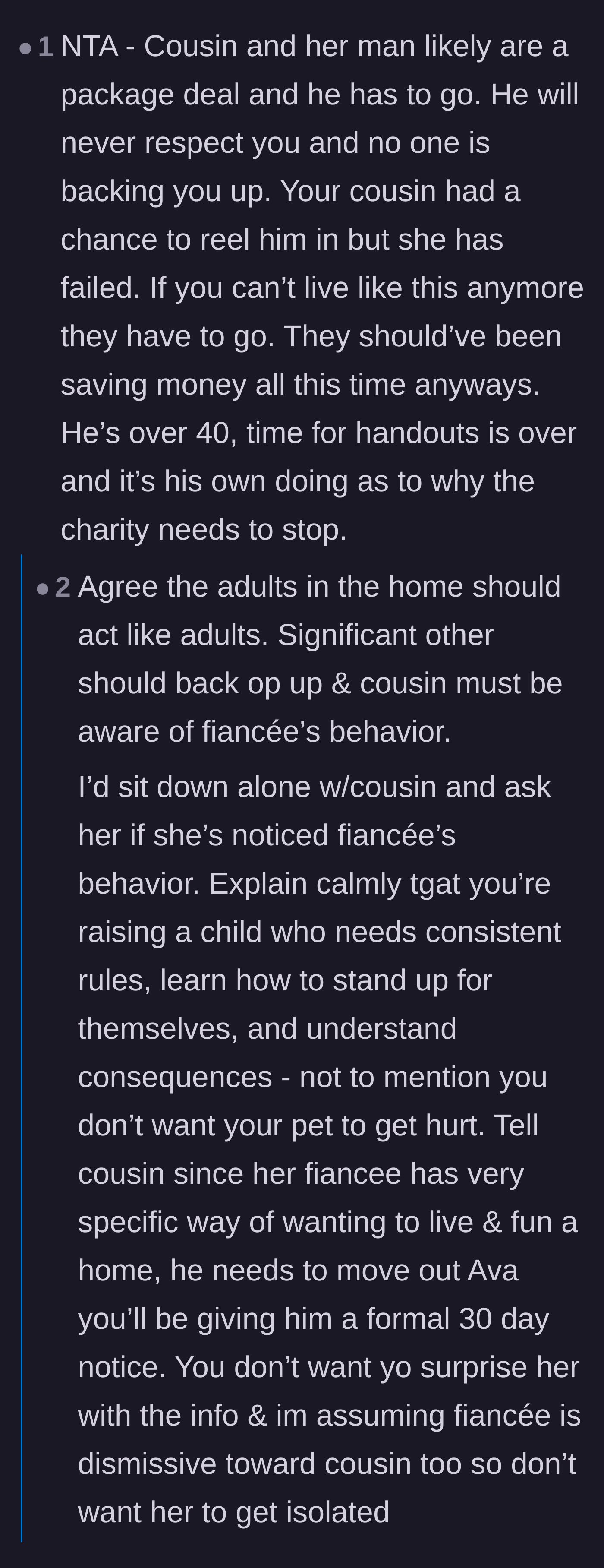 Comment thread 4 - A detailed plan to give the cousin a heads-up before serving the fiancé a 30-day eviction notice.