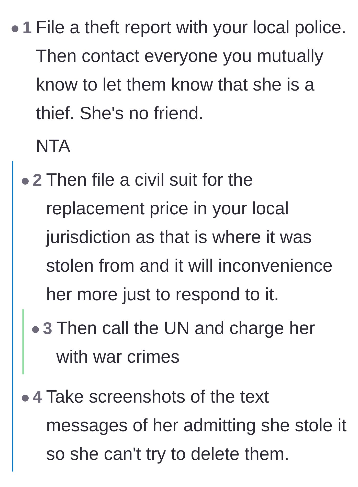 Comment thread 2 - Advice on filing a police report and escalating the situation to a civil suit to inconvenience the thief.