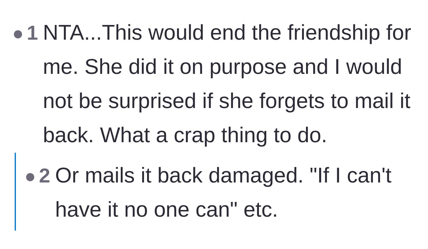 Comment thread 3 - Speculation that the ex-friend will either forget to mail the blazer or intentionally damage it out of spite.