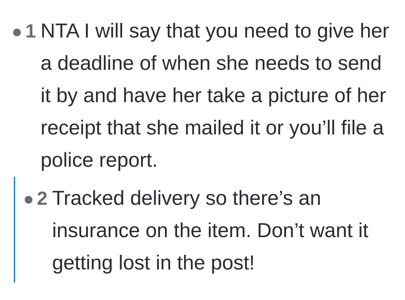 Comment thread 4 - Recommendations to set a strict deadline and demand a tracked shipping receipt under threat of a police report.