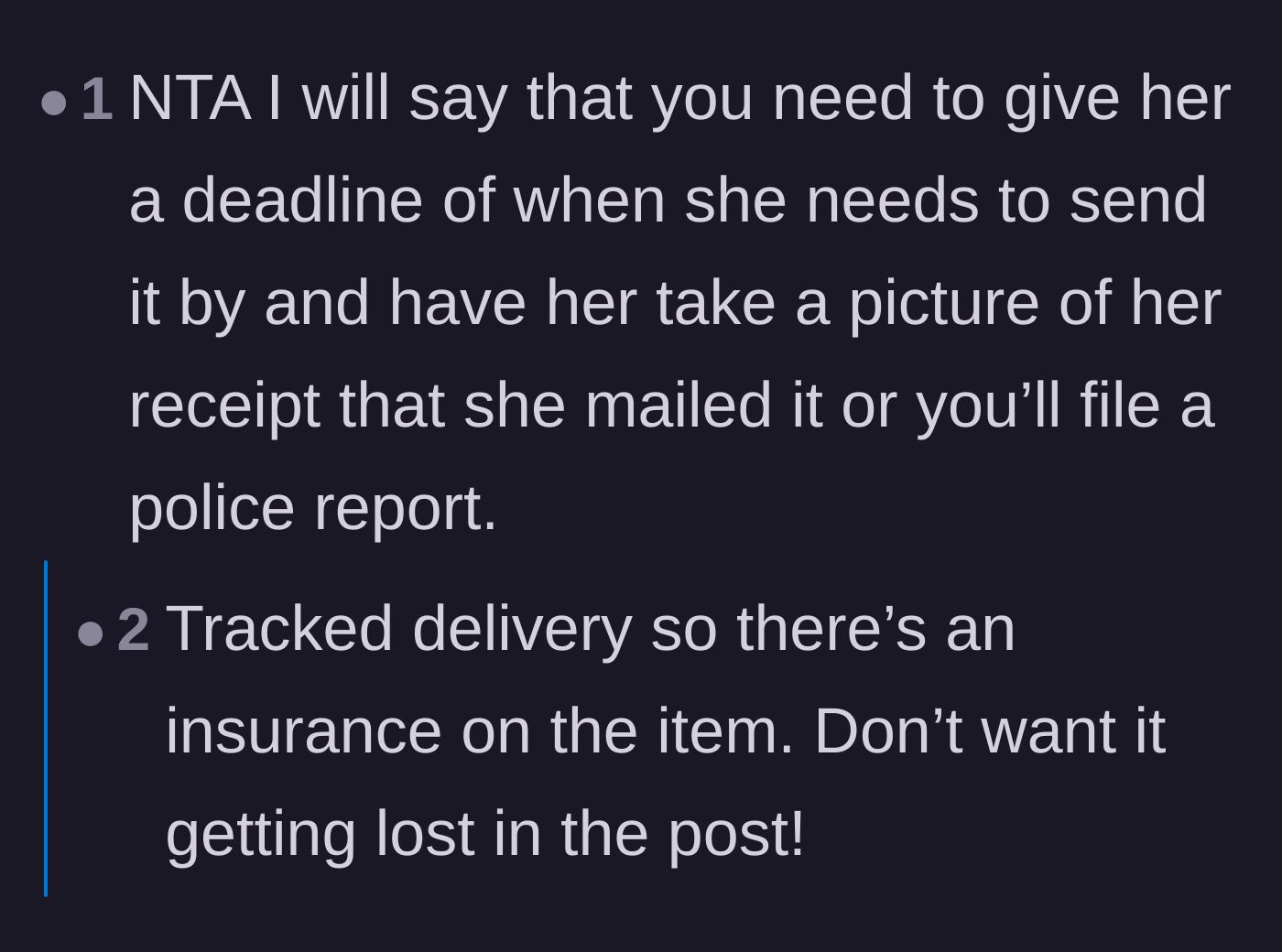 Comment thread 4 - Recommendations to set a strict deadline and demand a tracked shipping receipt under threat of a police report.