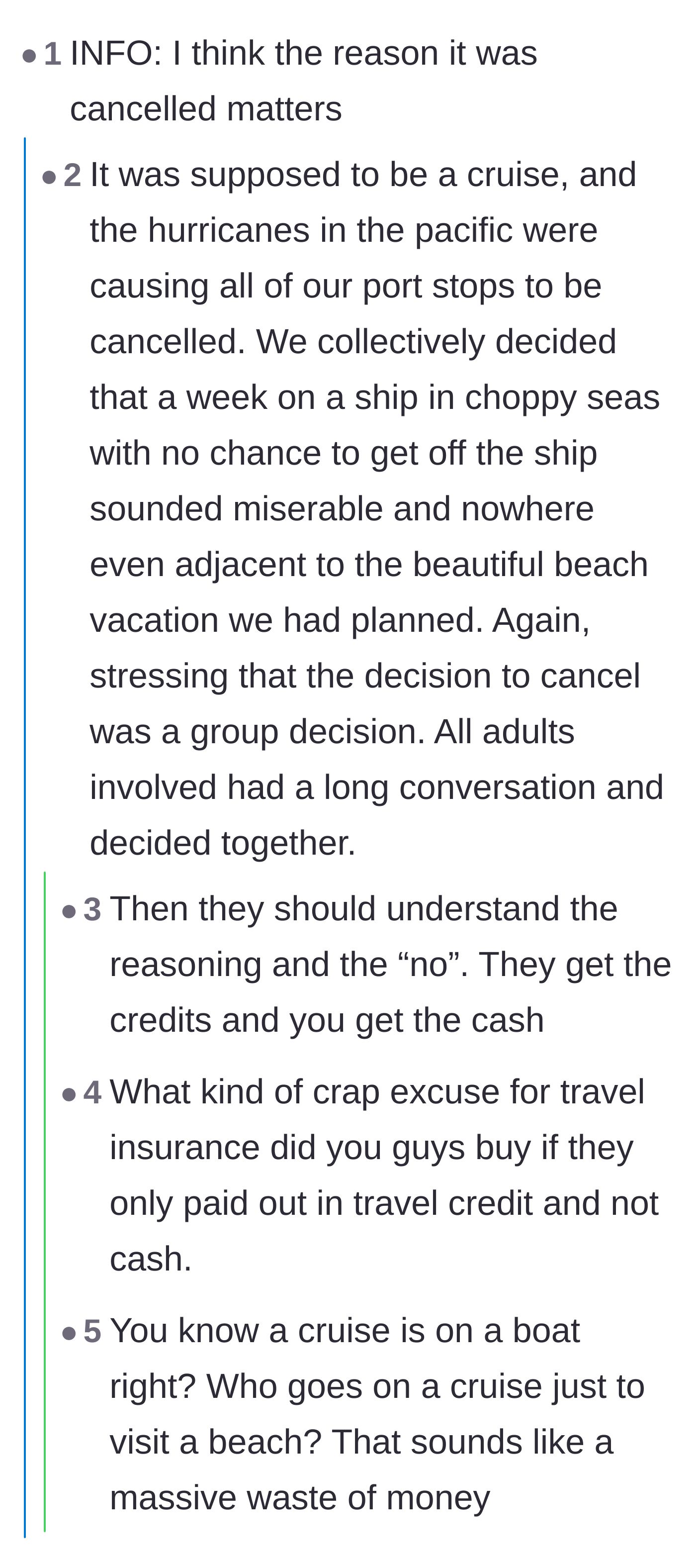 Comment thread 1 - Discussion about why the cruise was canceled and the pitfalls of buying travel insurance directly from a cruise line.