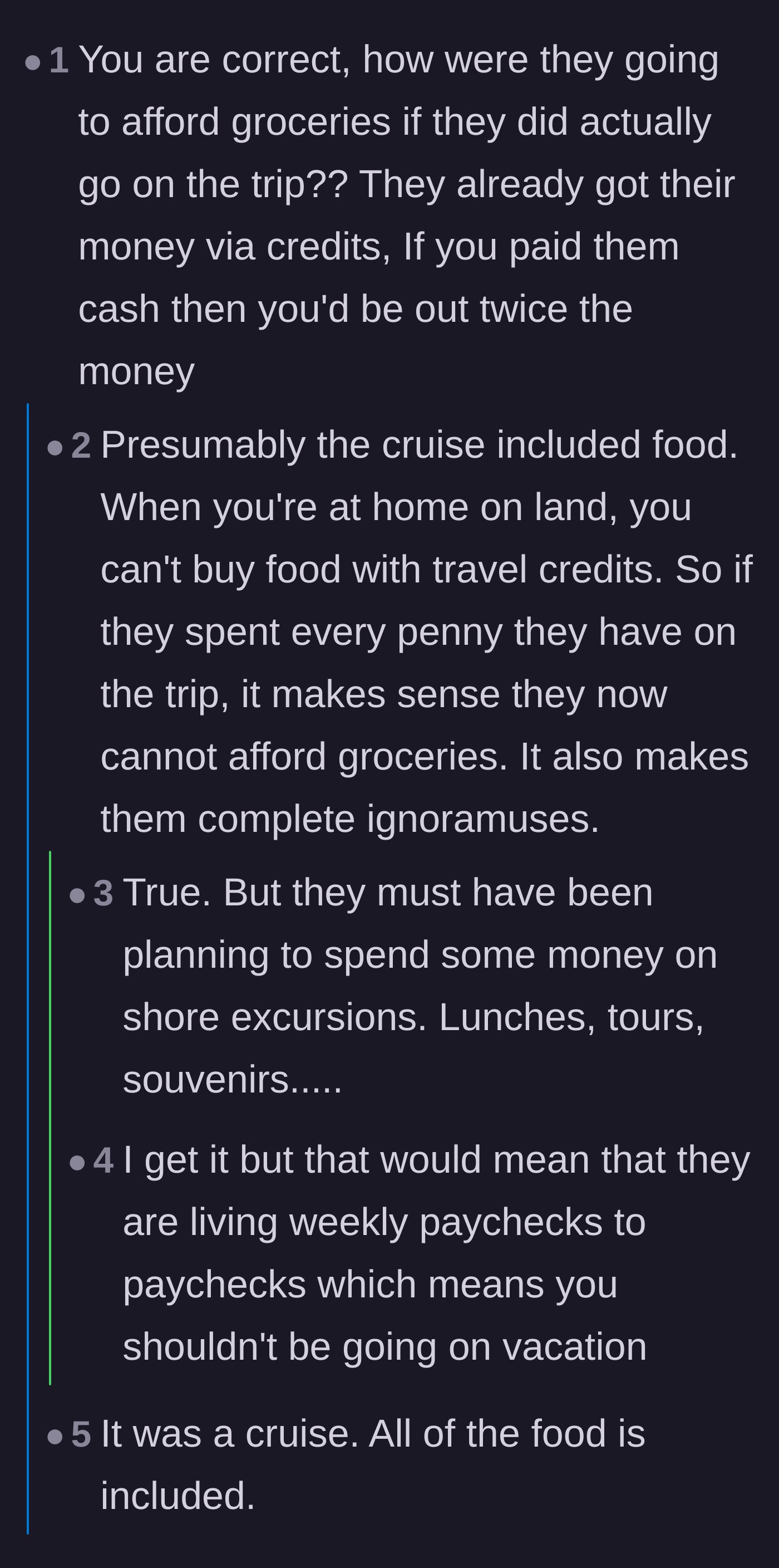Comment thread 2 - Commenters poking holes in the other family's claim that they need the refund to afford groceries.