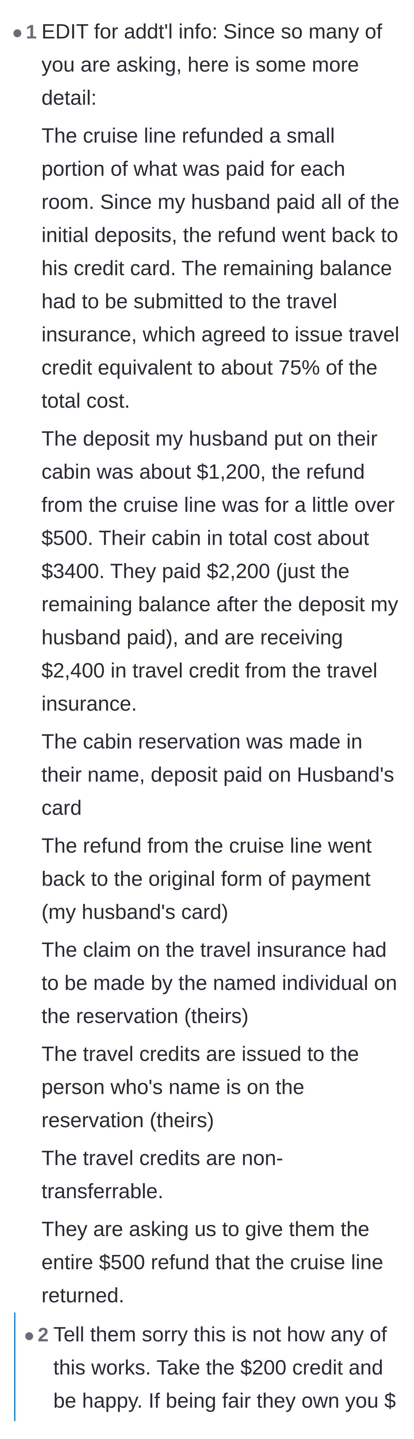 Comment thread 3 - Readers reacting to the exact financial breakdown and suggesting the husband demand his original deposit back.