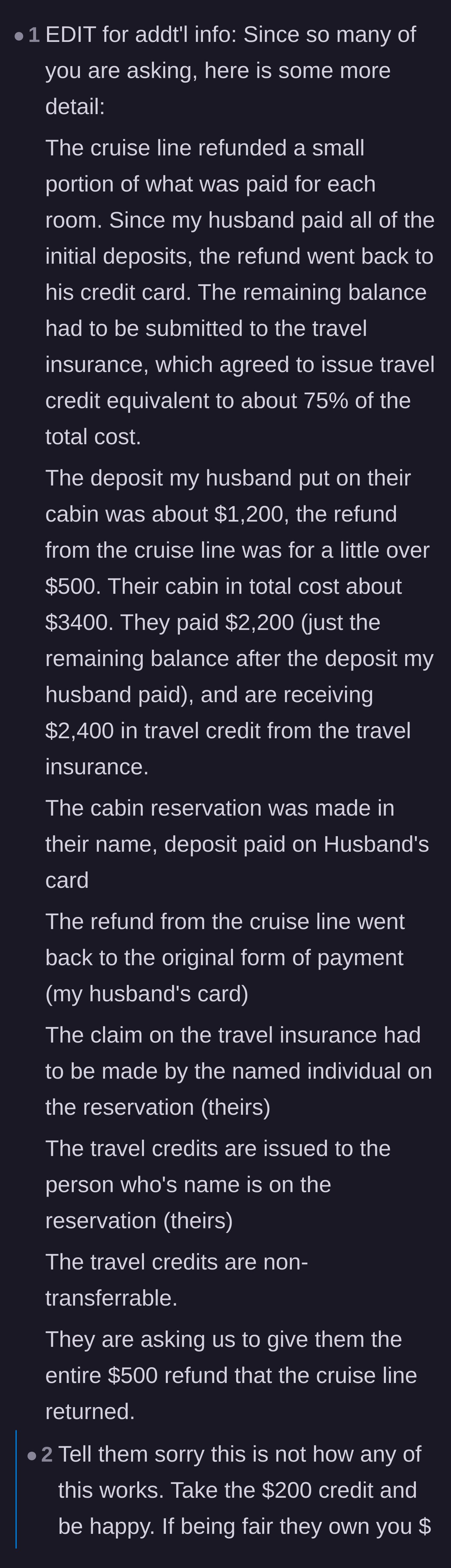 Comment thread 3 - Readers reacting to the exact financial breakdown and suggesting the husband demand his original deposit back.