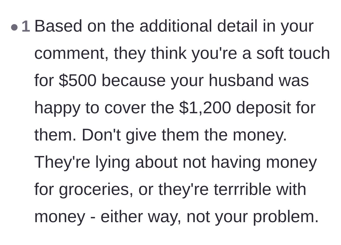 Comment thread 6 - Advice urging the couple not to give in to the other family's financial manipulation.