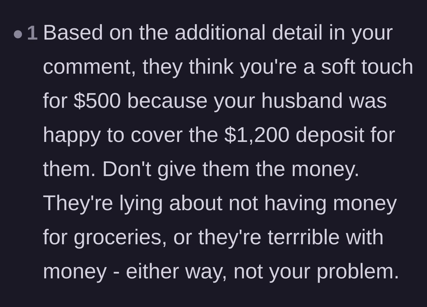 Comment thread 6 - Advice urging the couple not to give in to the other family's financial manipulation.