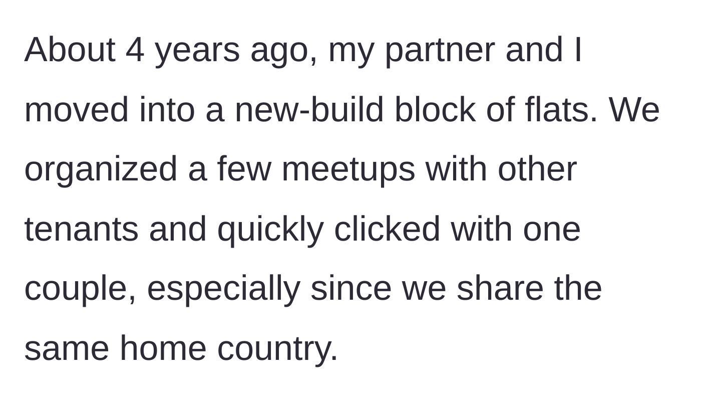 Story part 1 - Moving into a new building and meeting a friendly couple from the same home country