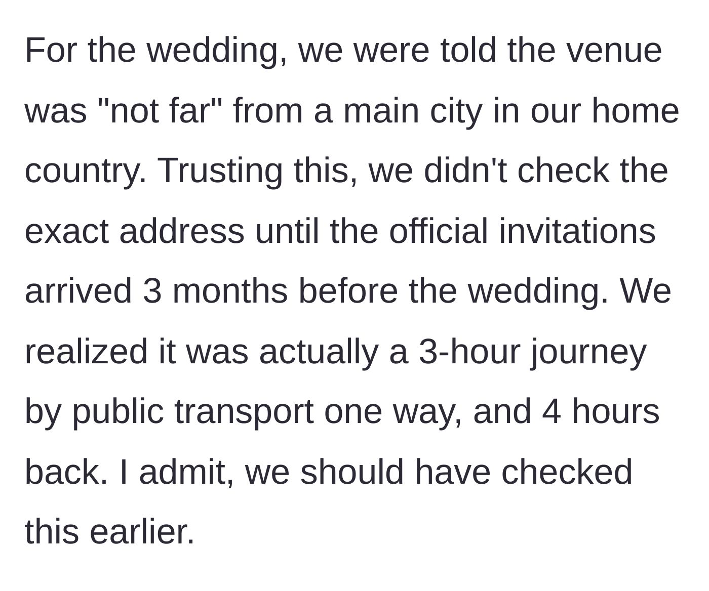 Story part 6 - Discovering the 'close' wedding venue is actually a 4-hour public transit commute