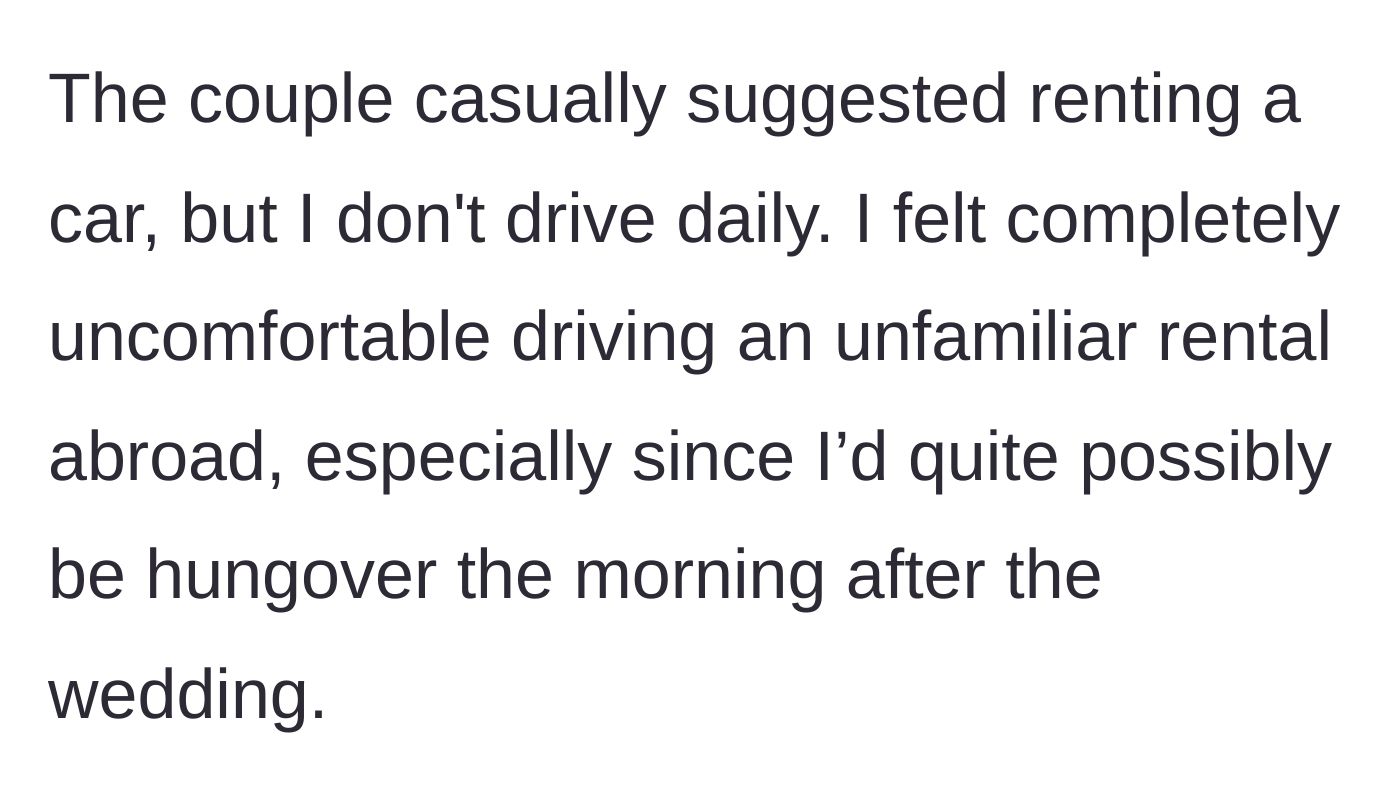 Story part 7 - The couple casually suggesting the author rent a car abroad to fix their lie