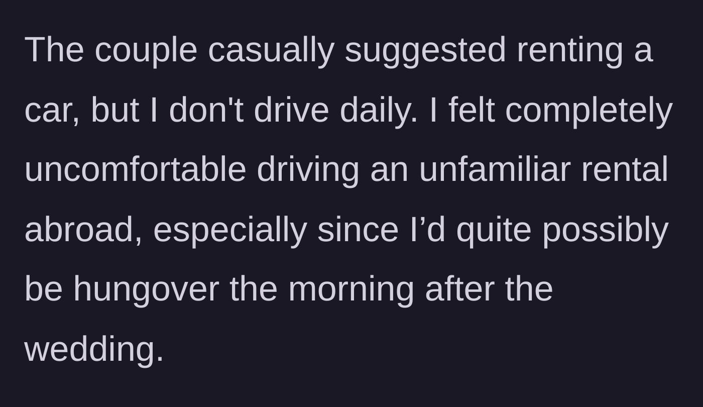 Story part 7 - The couple casually suggesting the author rent a car abroad to fix their lie