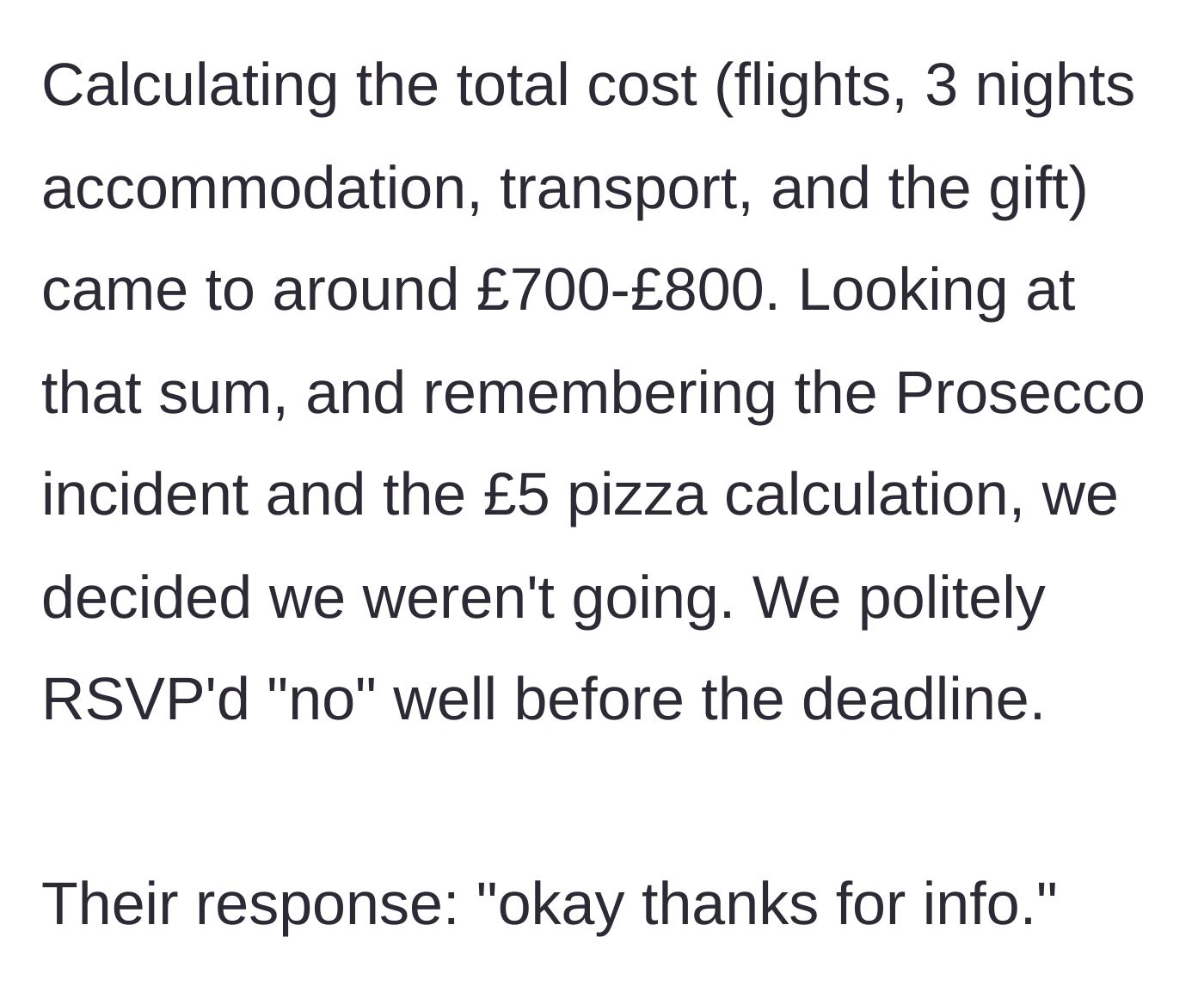 Story part 8 - Calculating the £800 total cost, remembering the £5 pizza, and RSVPing no