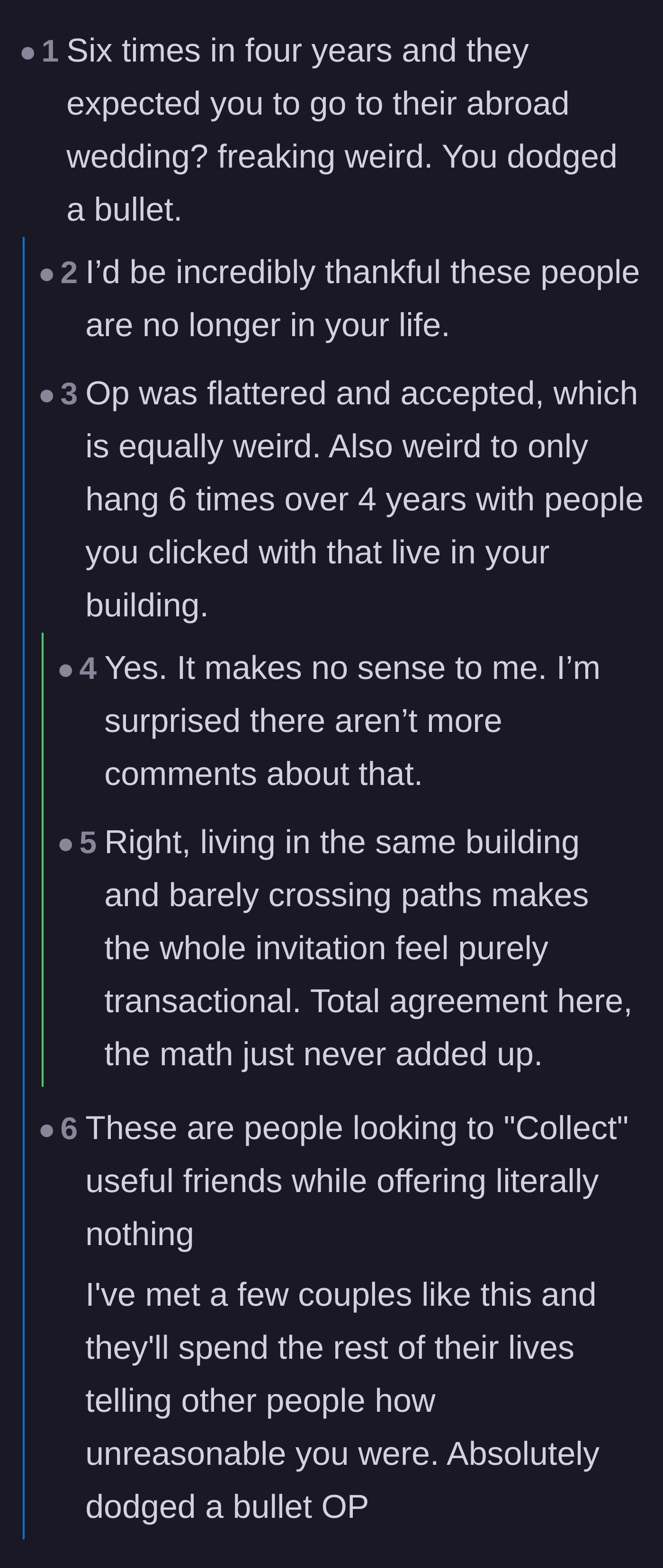 Comment thread 1 - Discussing how strange it is to invite mere acquaintances to a destination wedding just to collect useful friends.