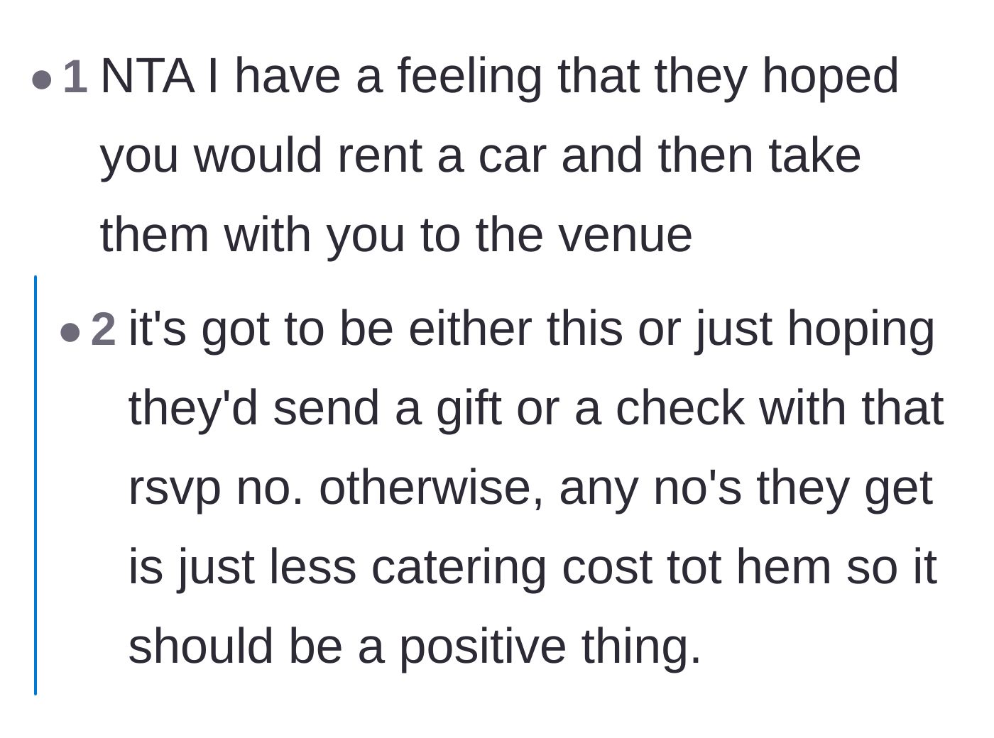 Comment thread 2 - Theorizing that the couple only suggested renting a car so they could snag a free ride to the venue.