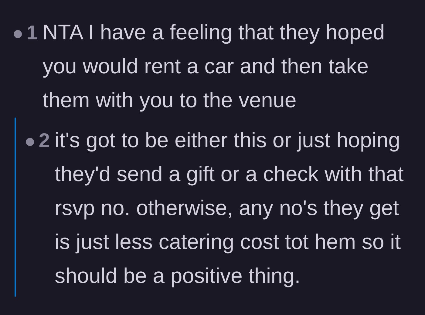 Comment thread 2 - Theorizing that the couple only suggested renting a car so they could snag a free ride to the venue.