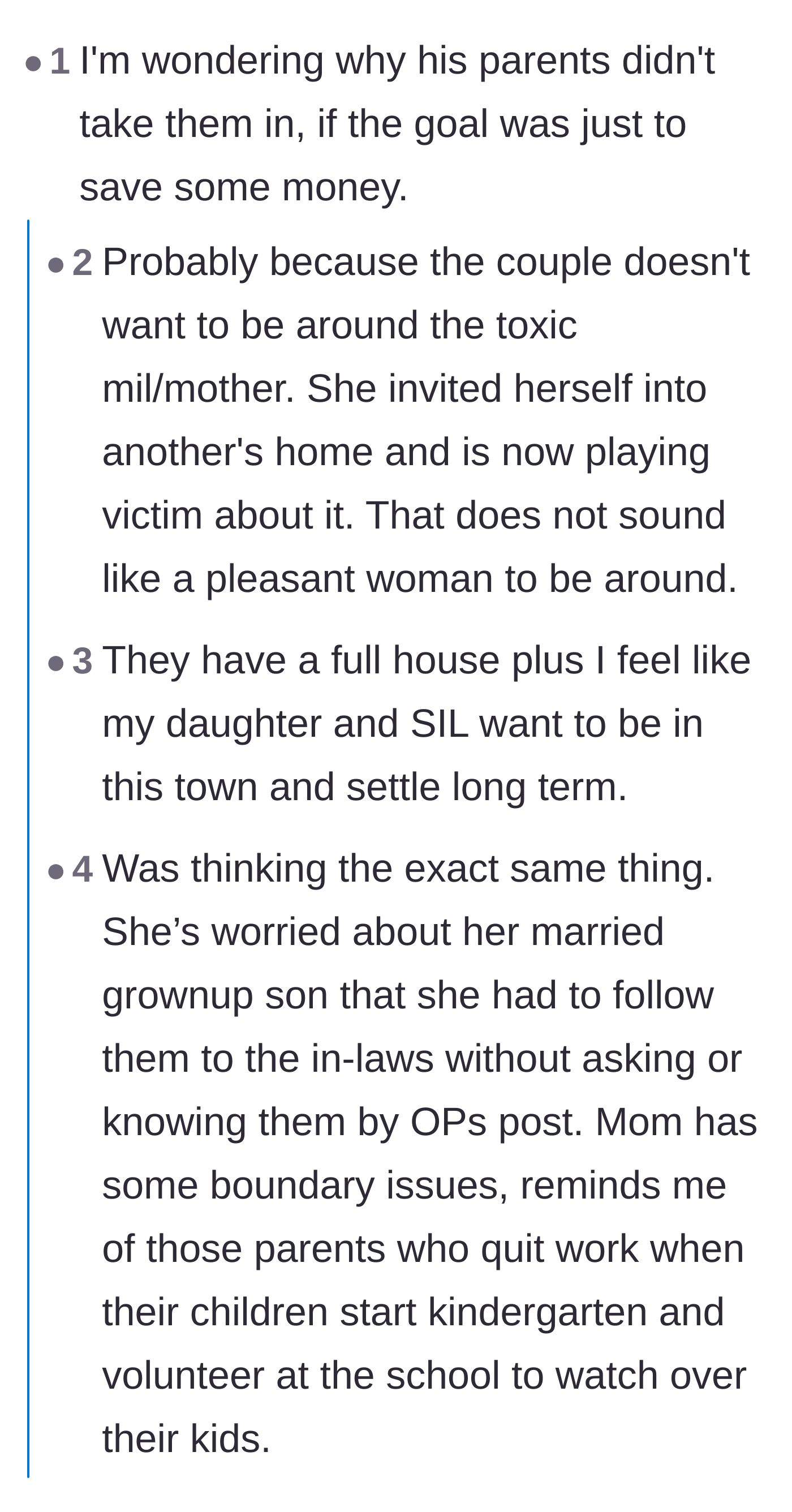 Comment thread 2 - Speculation that the daughter and son-in-law moved specifically to escape the mother-in-law's toxic behavior.