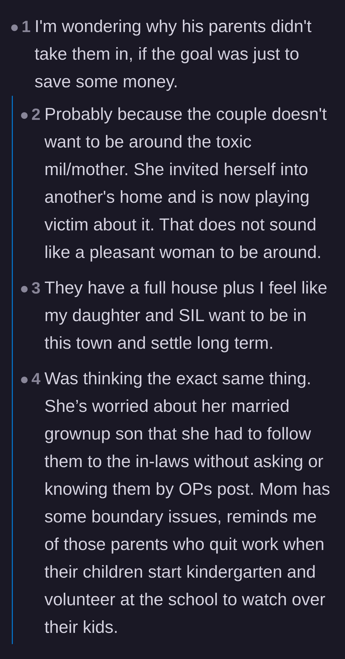 Comment thread 2 - Speculation that the daughter and son-in-law moved specifically to escape the mother-in-law's toxic behavior.