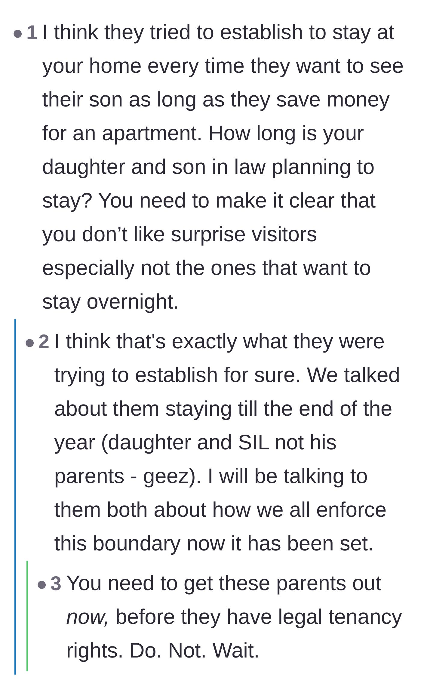 Comment thread 4 - Warnings about the in-laws attempting to establish a permanent vacation home and potentially acquiring legal tenancy rights.