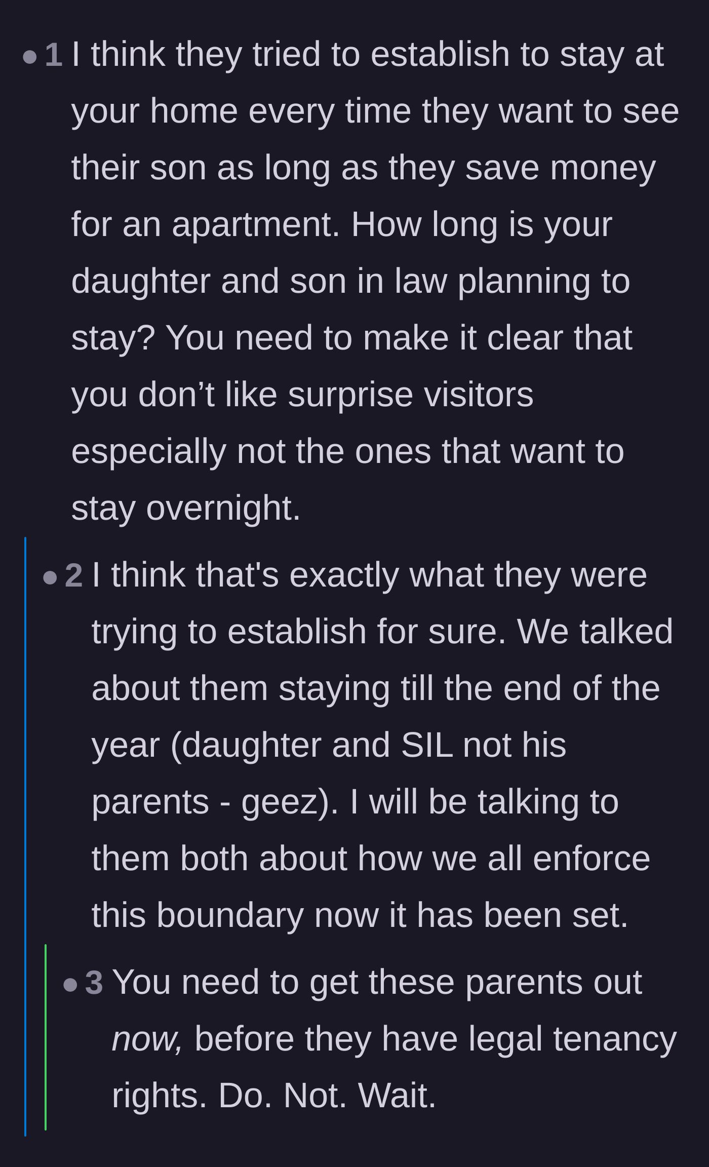 Comment thread 4 - Warnings about the in-laws attempting to establish a permanent vacation home and potentially acquiring legal tenancy rights.
