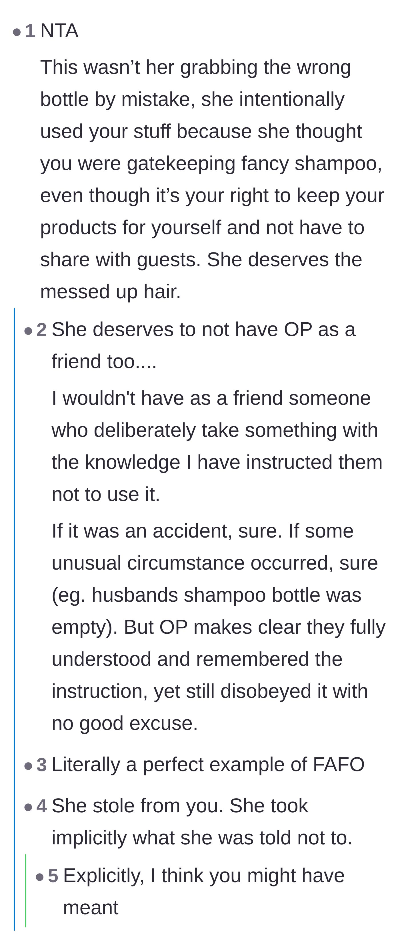 Comment thread 1 - Readers dissect the guest's intentional defiance and label her actions as a form of entitlement-driven theft.