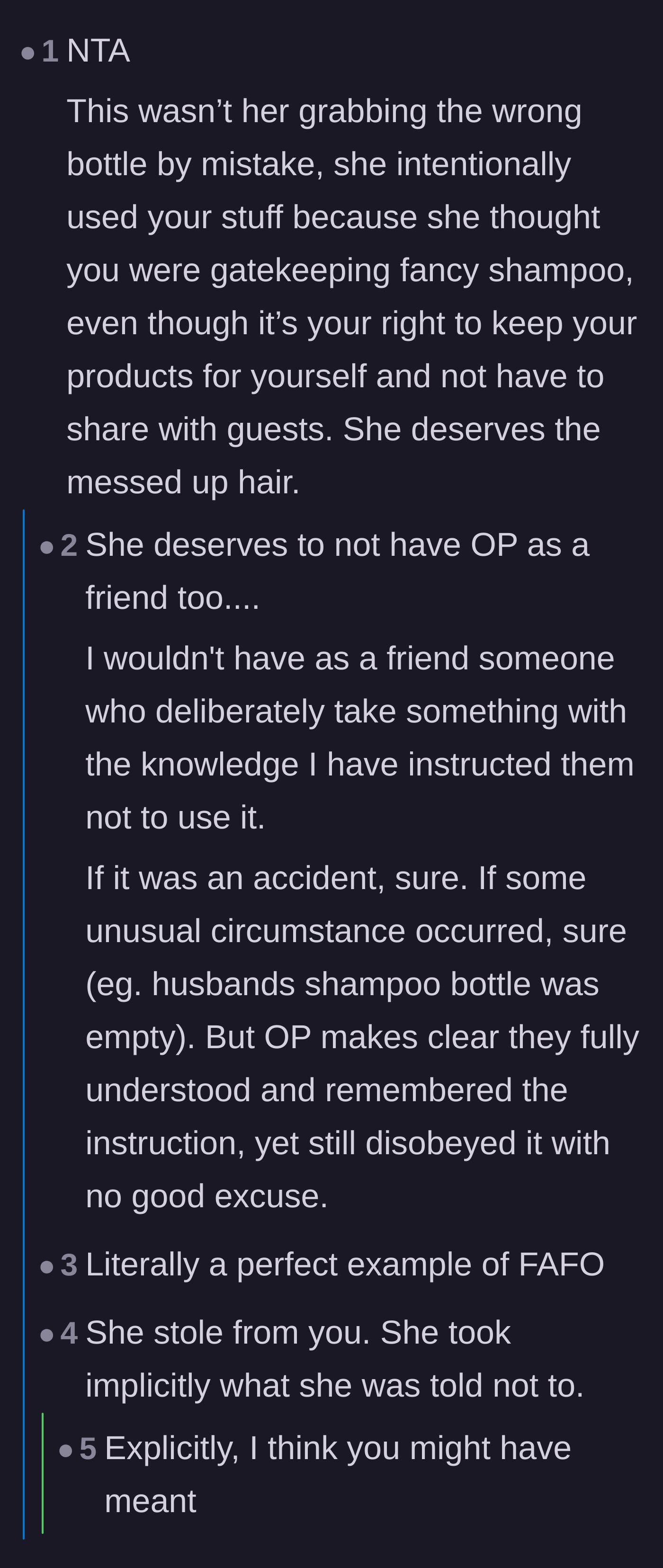 Comment thread 1 - Readers dissect the guest's intentional defiance and label her actions as a form of entitlement-driven theft.