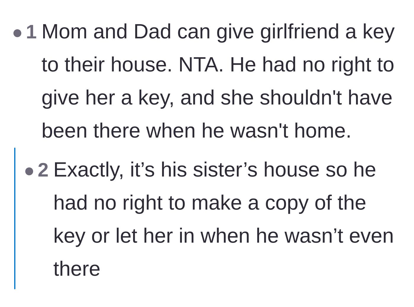 Comment thread 4 - Pointing out the parents should hand out their own house keys instead.