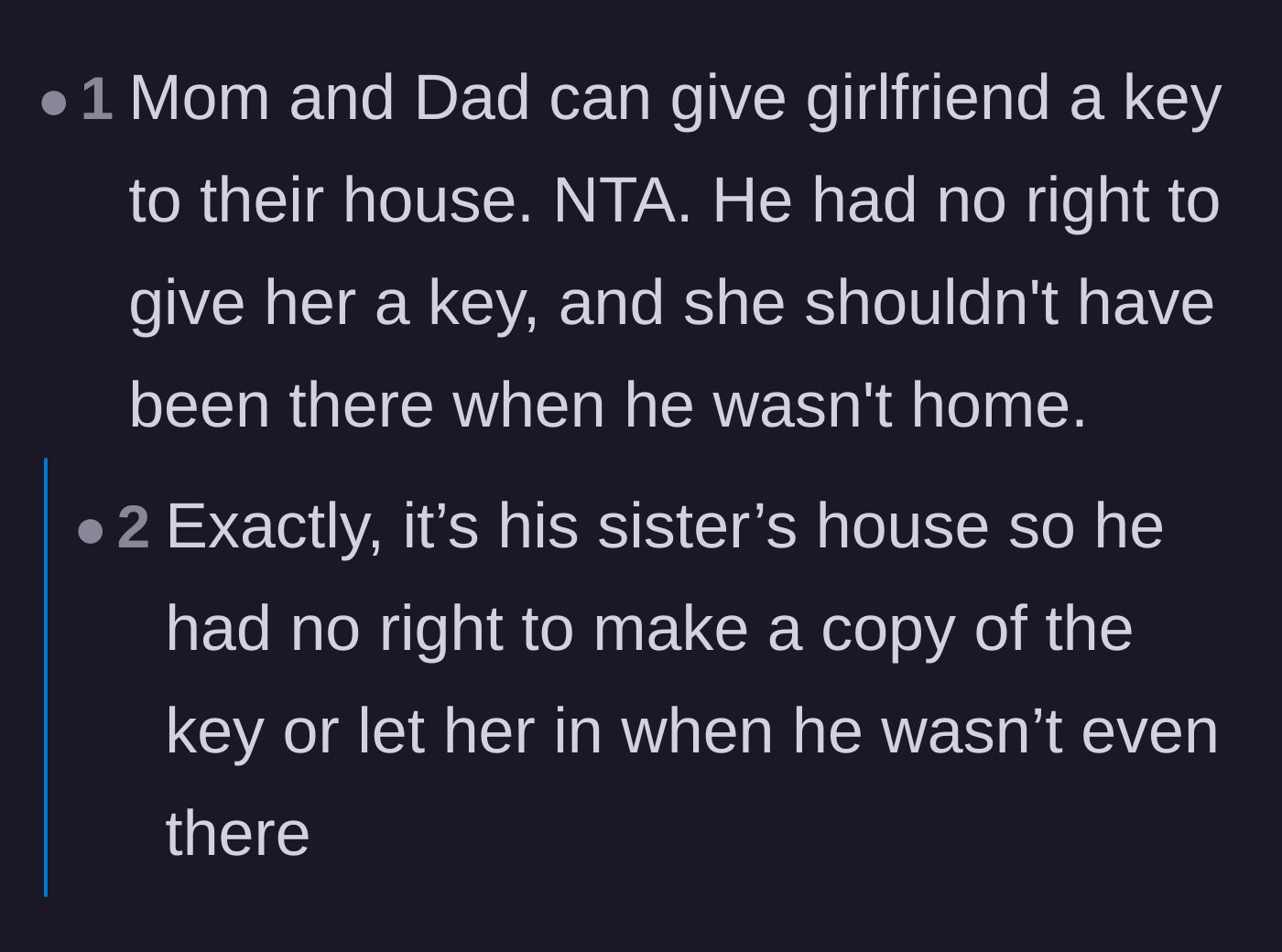 Comment thread 4 - Pointing out the parents should hand out their own house keys instead.