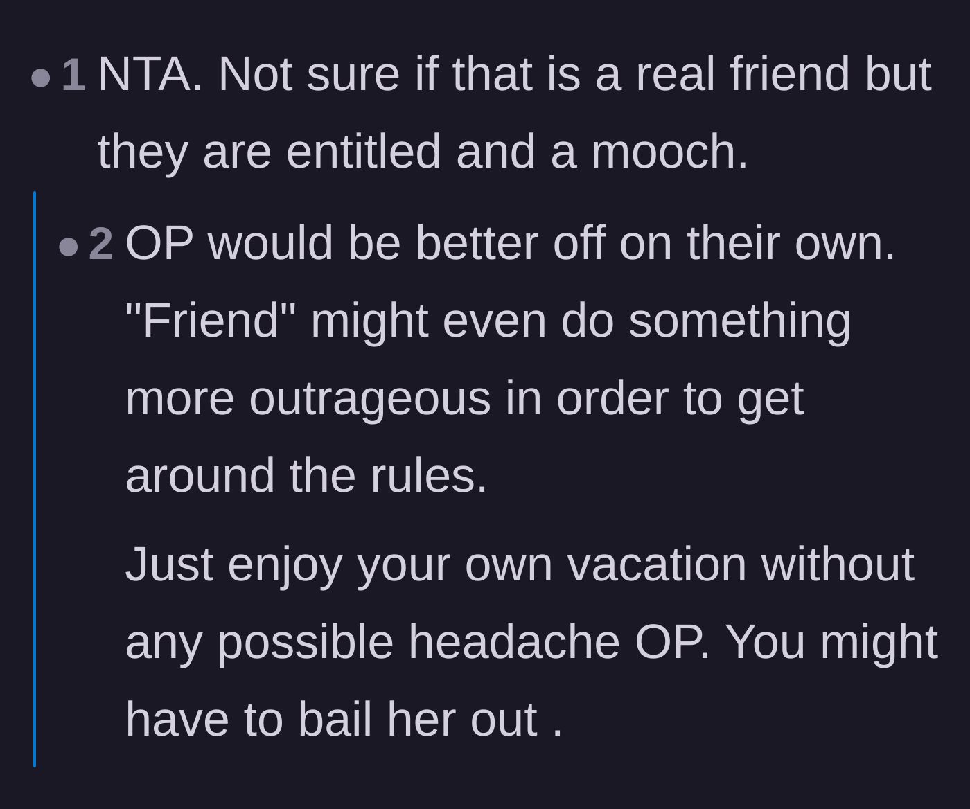 Comment thread 1 - Readers warning the main character that her friend's rule-breaking could ruin her own VIP standing with the cruise line.