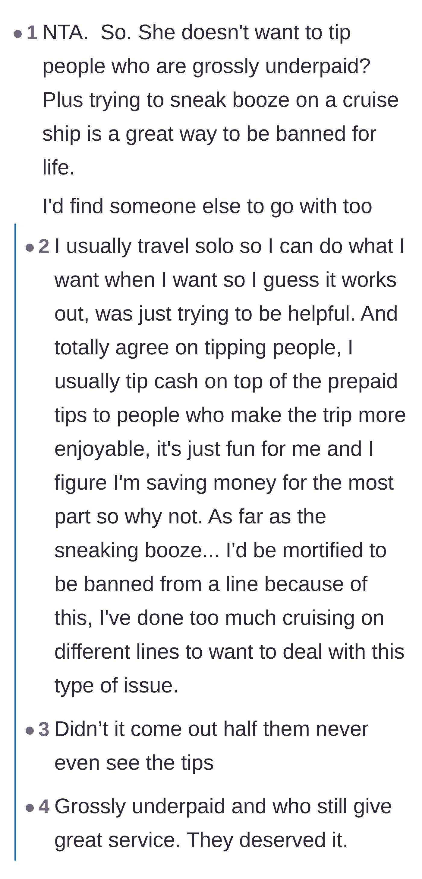 Comment thread 4 - A discussion condemning the friend's desire to skip tipping the hard-working, underpaid cruise staff.