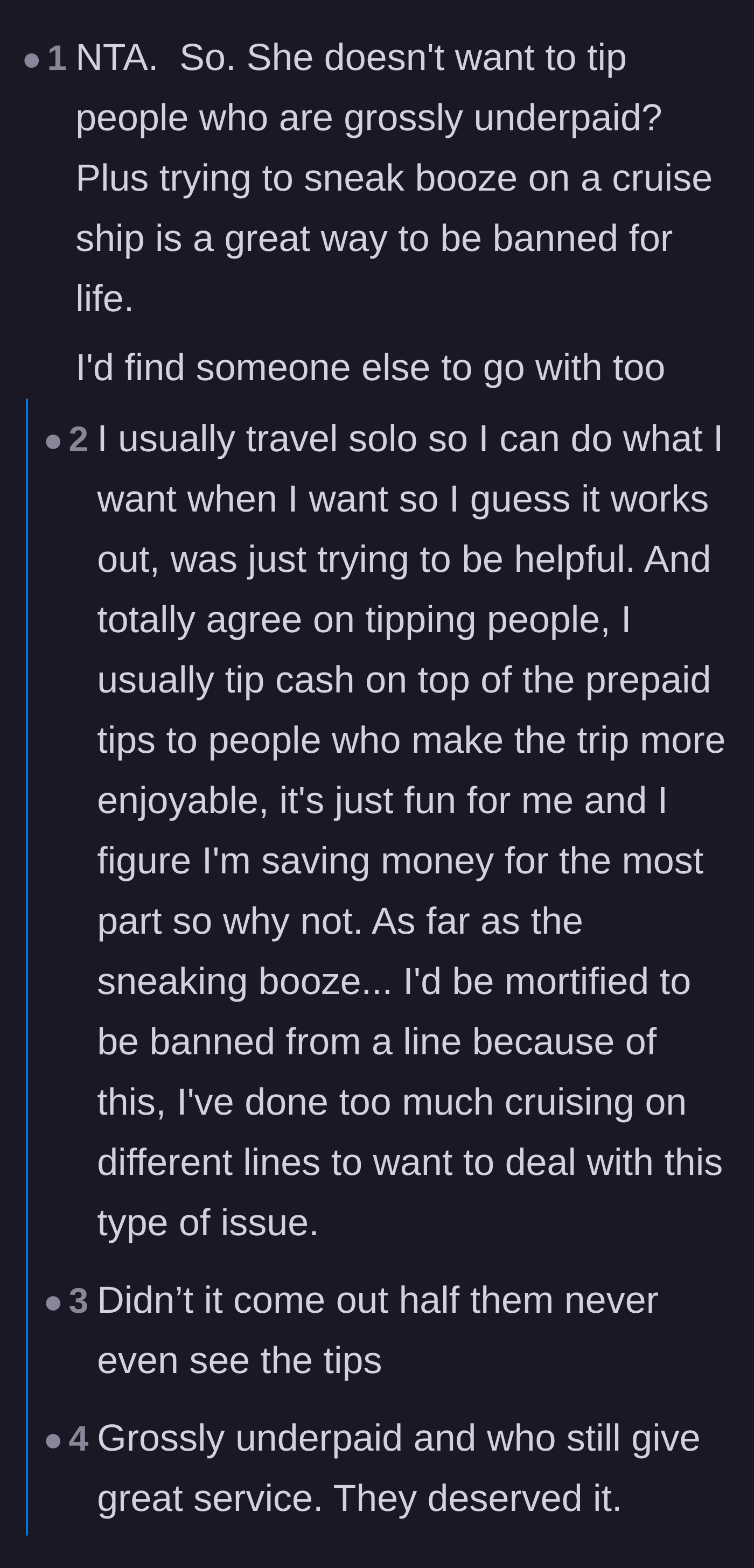 Comment thread 4 - A discussion condemning the friend's desire to skip tipping the hard-working, underpaid cruise staff.