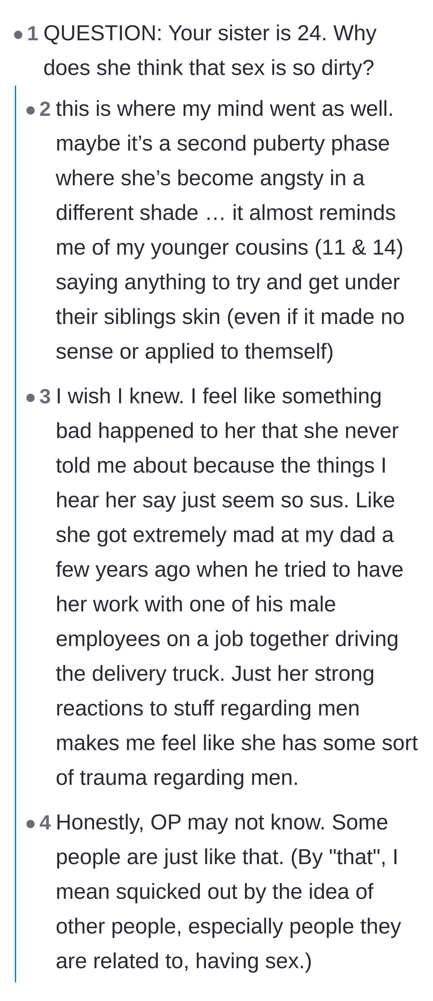 Comment thread 3 - The author responds to a question about her sister's past, revealing suspicions of unaddressed trauma regarding men.