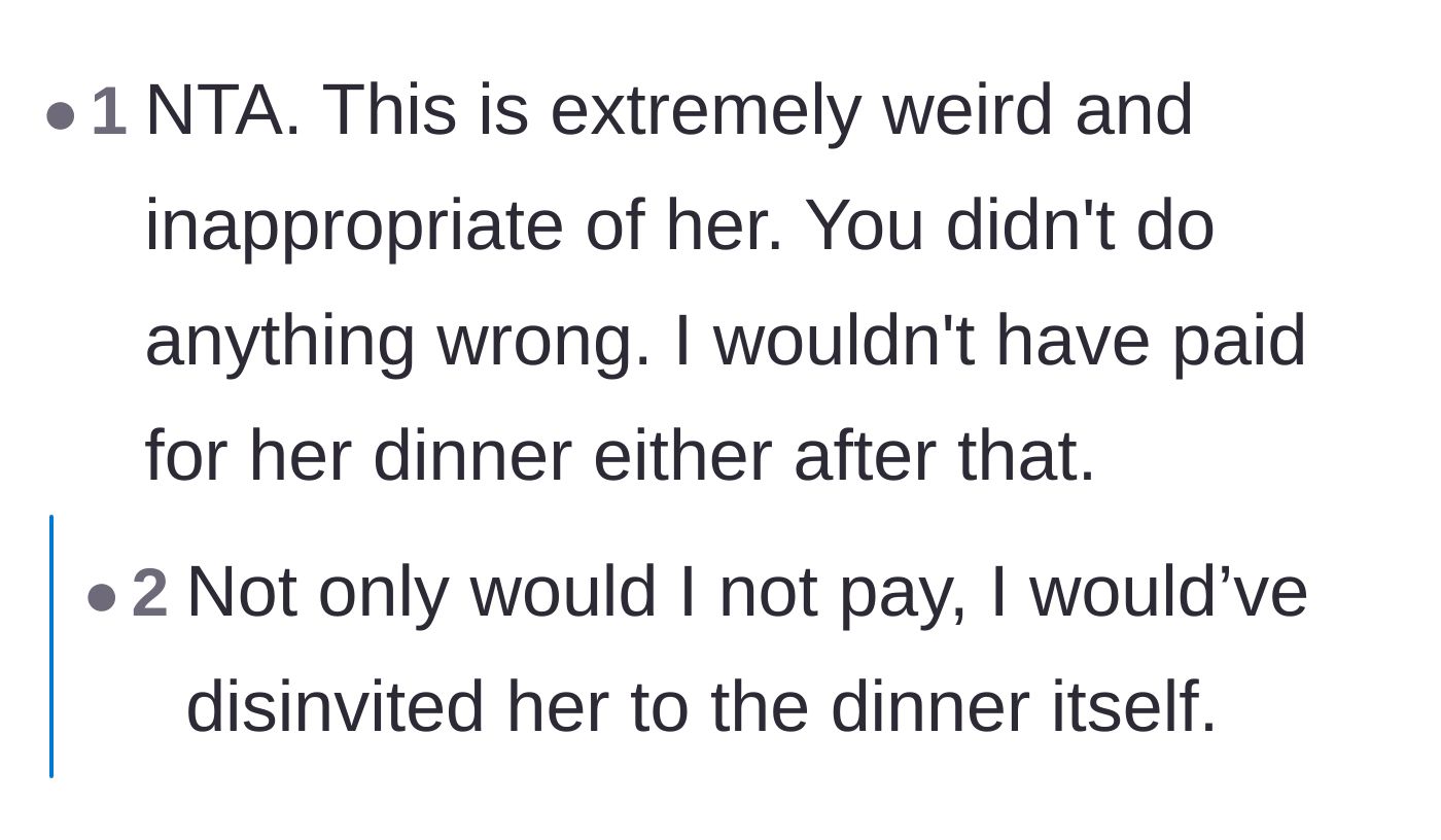 Comment thread 6 - Agreement that revoking the dinner payment was justified, with some arguing for a total disinvitation.