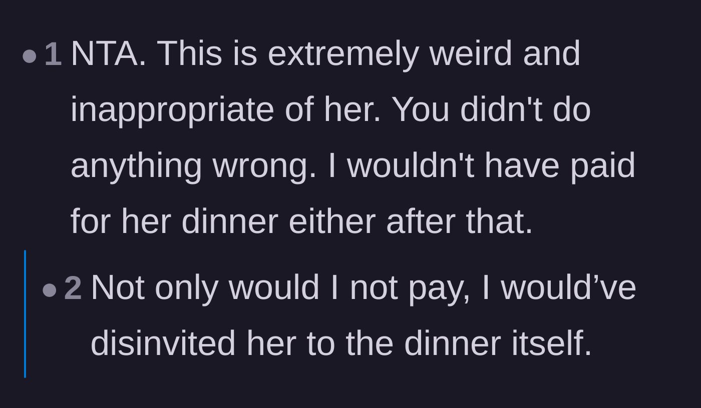 Comment thread 6 - Agreement that revoking the dinner payment was justified, with some arguing for a total disinvitation.