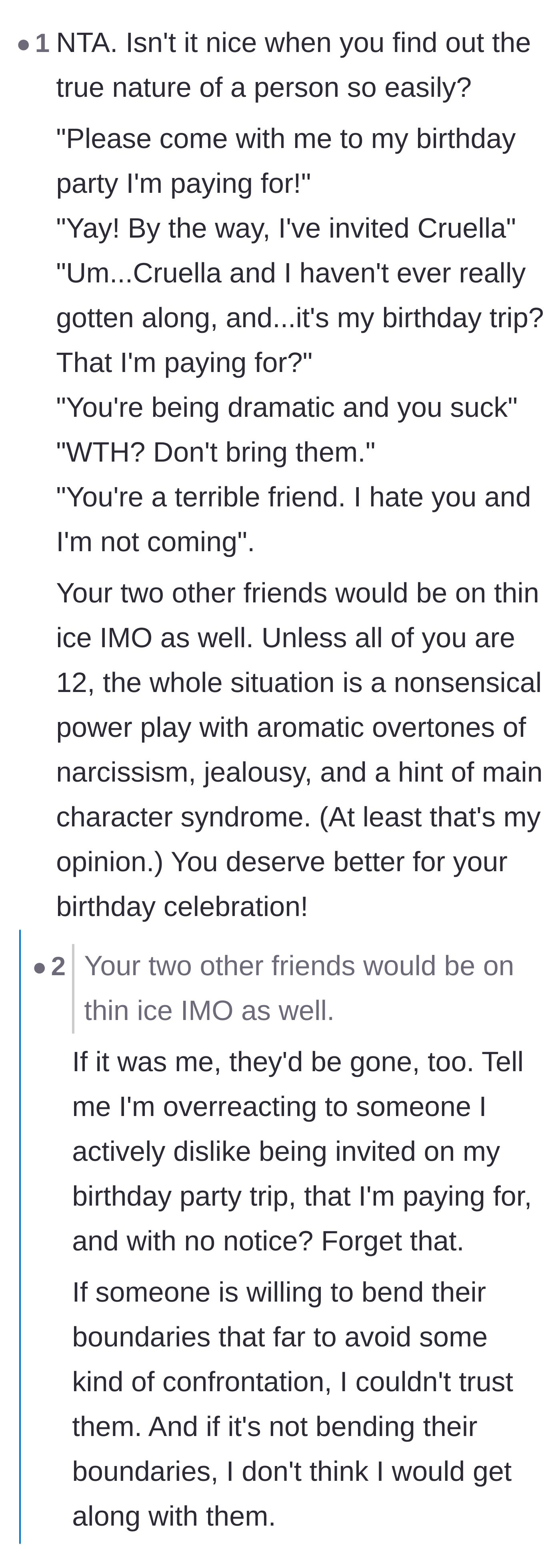 Comment thread 5 - A hilarious mock dialogue summarizing the absurdity of the friend's power play.