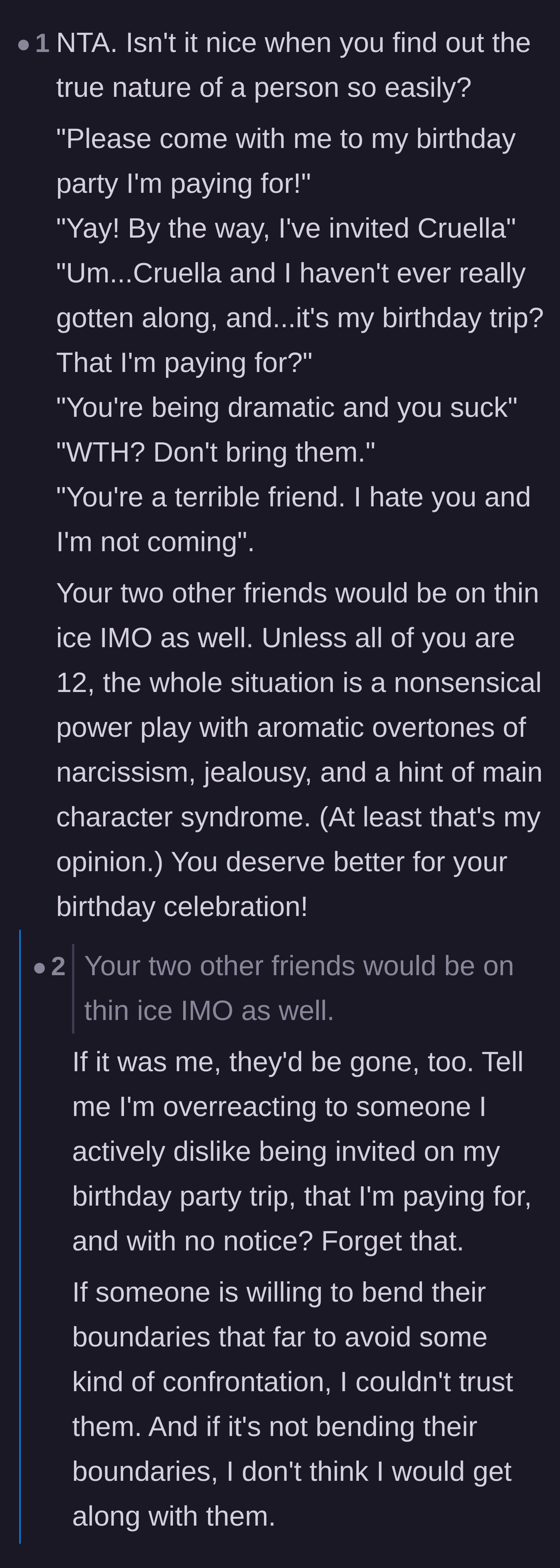 Comment thread 5 - A hilarious mock dialogue summarizing the absurdity of the friend's power play.