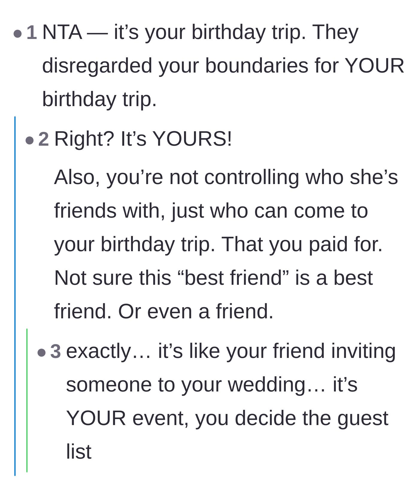 Comment thread 6 - A comparison between bringing an uninvited guest to a birthday trip and bringing one to a wedding.