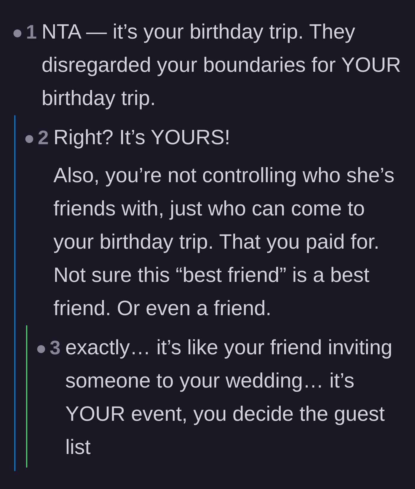 Comment thread 6 - A comparison between bringing an uninvited guest to a birthday trip and bringing one to a wedding.