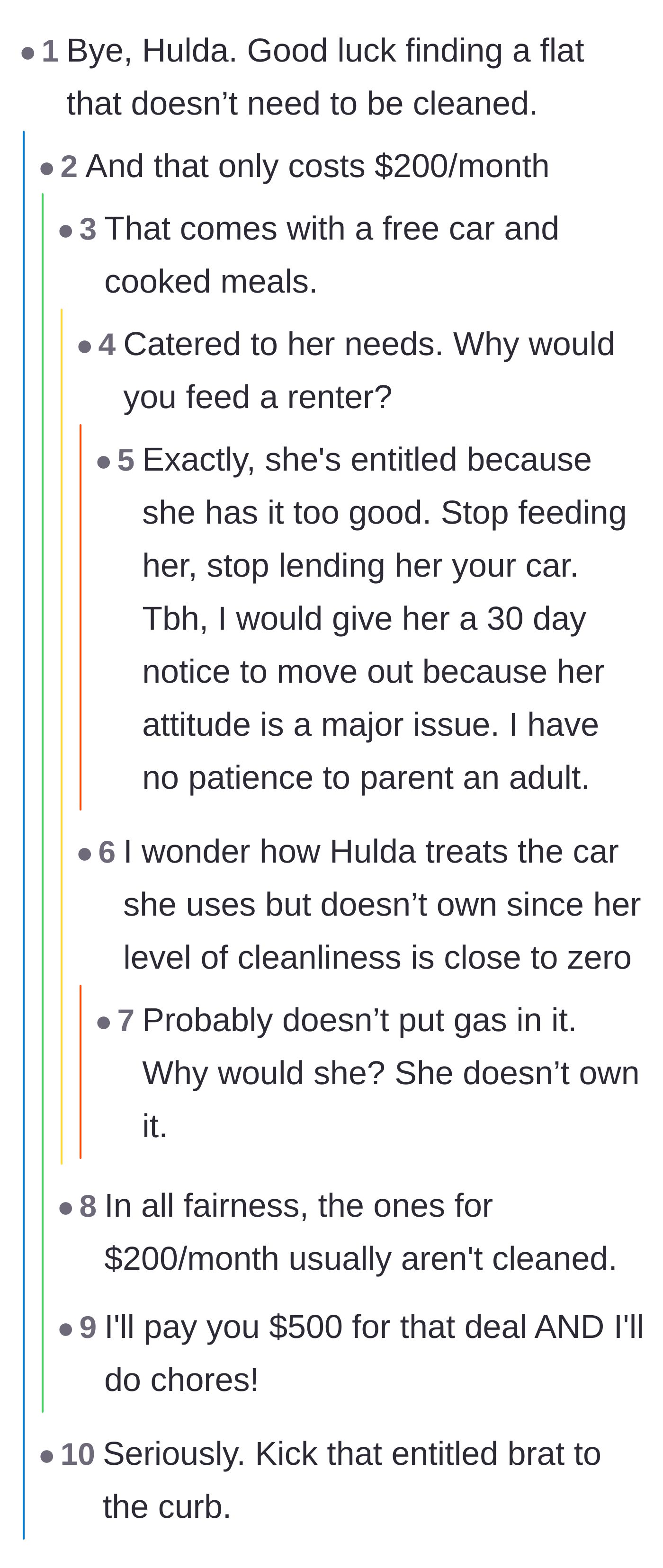 Comment thread 1 - Readers point out the absurdity of paying just $200 a month while getting a free car and customized meals.