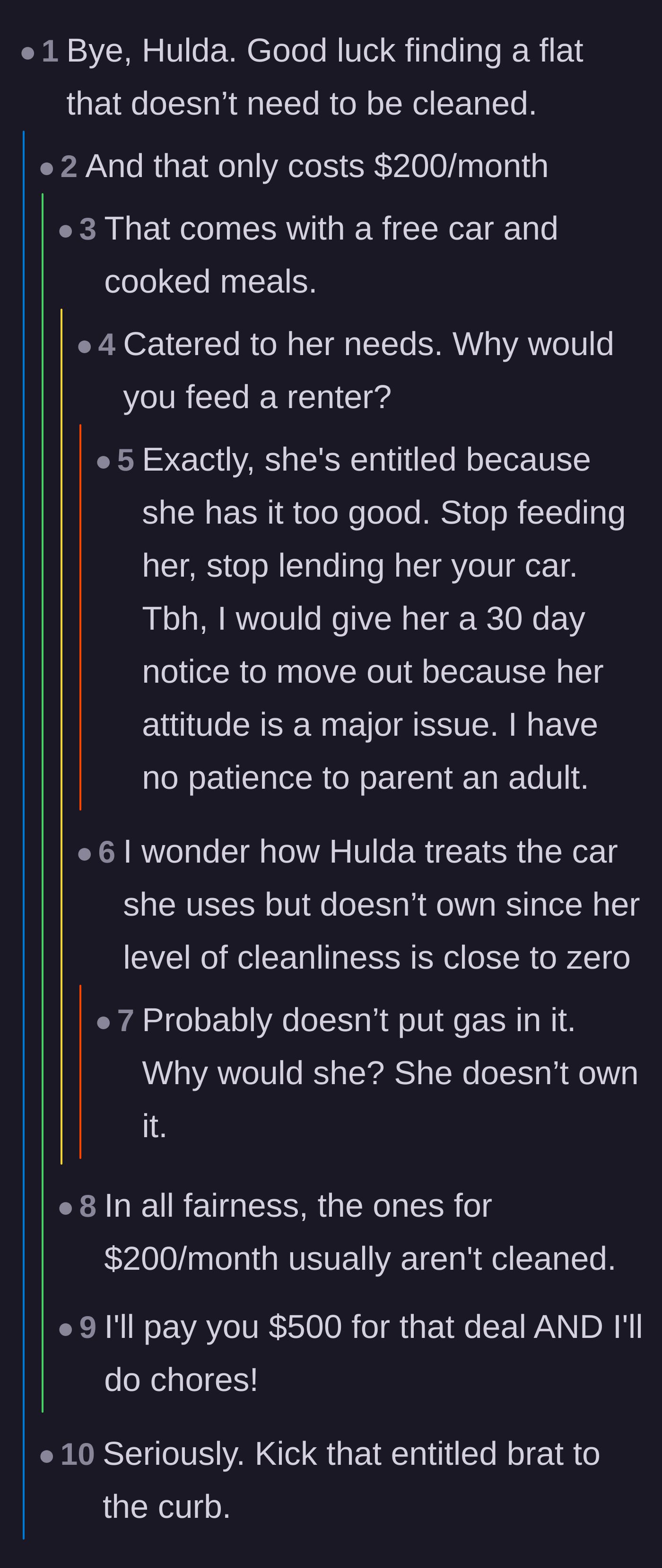 Comment thread 1 - Readers point out the absurdity of paying just $200 a month while getting a free car and customized meals.