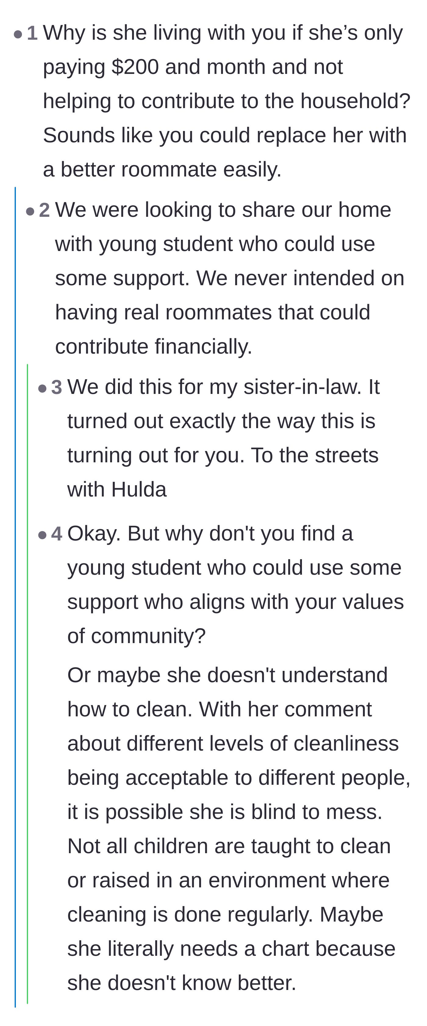 Comment thread 3 - A debate about whether providing free housing creates ungratefulness, or if the roommate legitimately needs a step-by-step chore list to function.