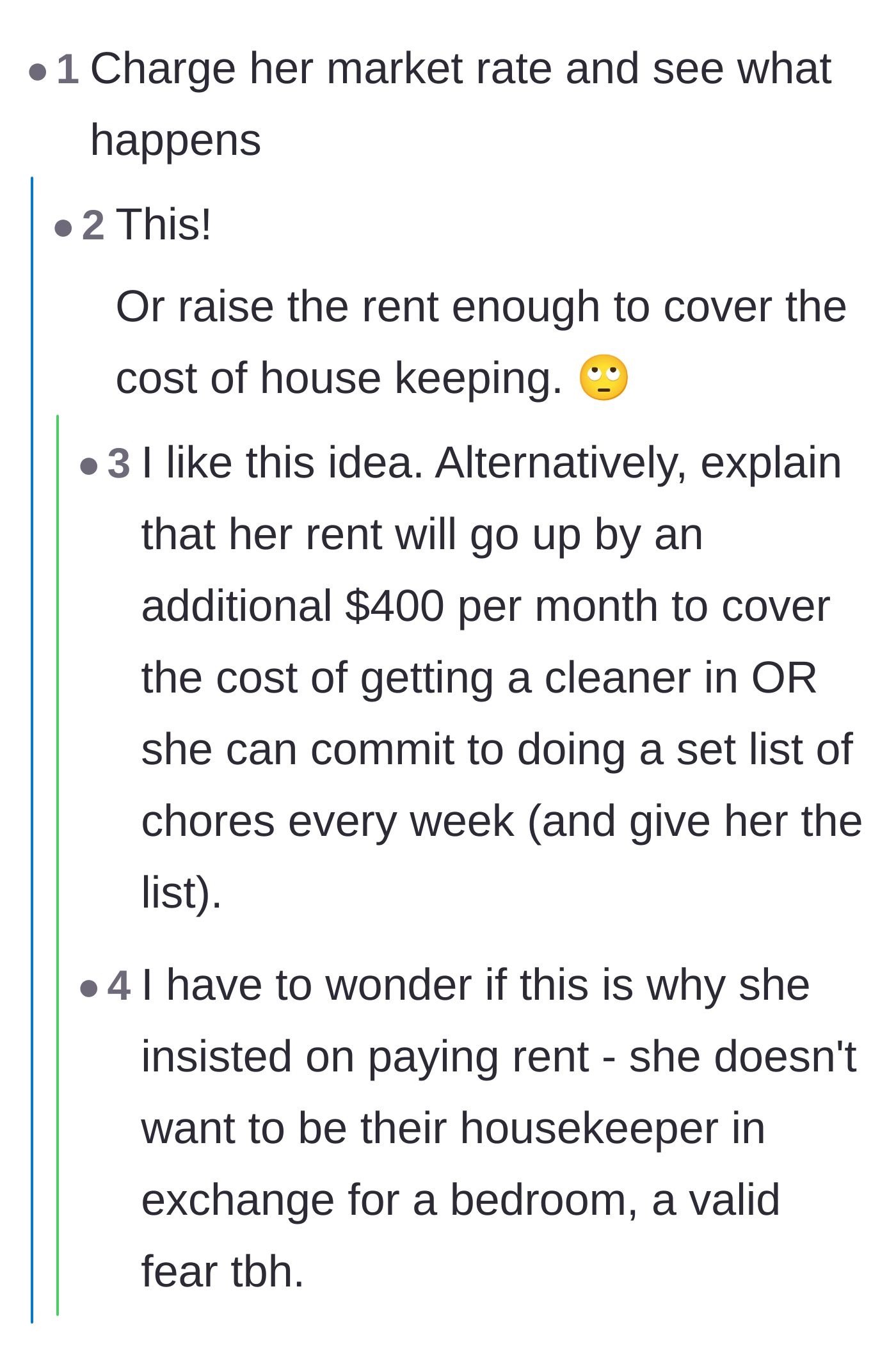 Comment thread 4 - Suggestions to raise the rent to market rate to cover the cost of hiring a professional housekeeper.