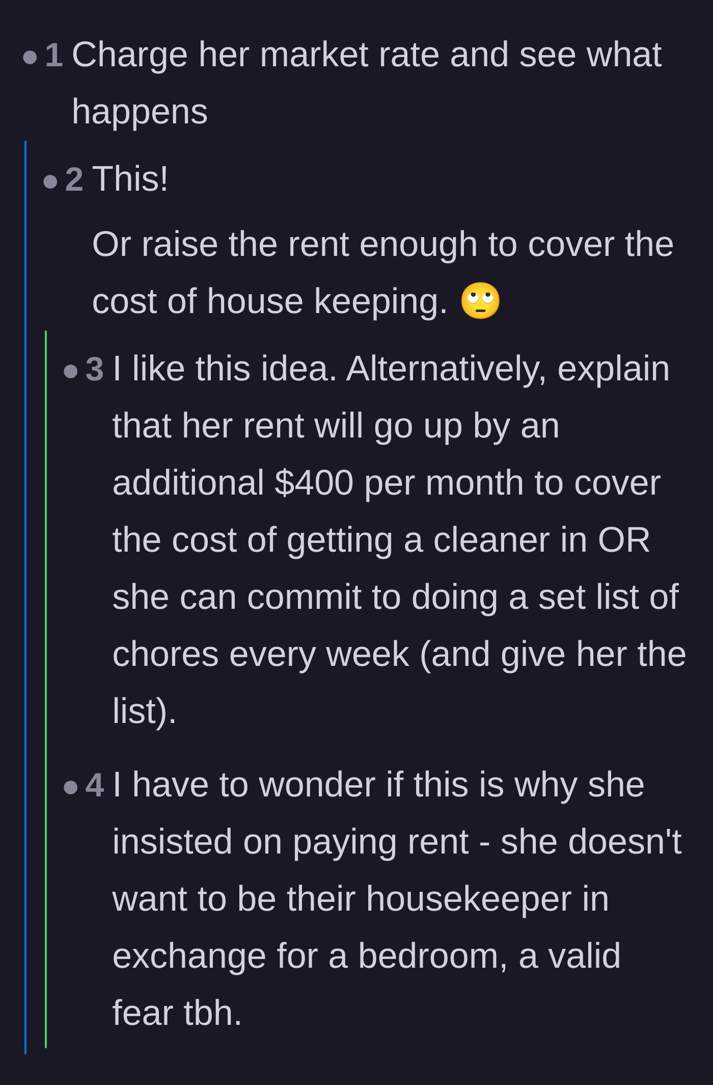 Comment thread 4 - Suggestions to raise the rent to market rate to cover the cost of hiring a professional housekeeper.