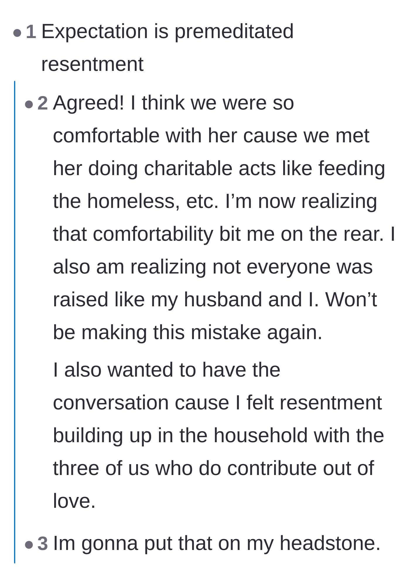 Comment thread 5 - The original poster chimes in about resentment, while commenters debate whether chores should be equated to household love.