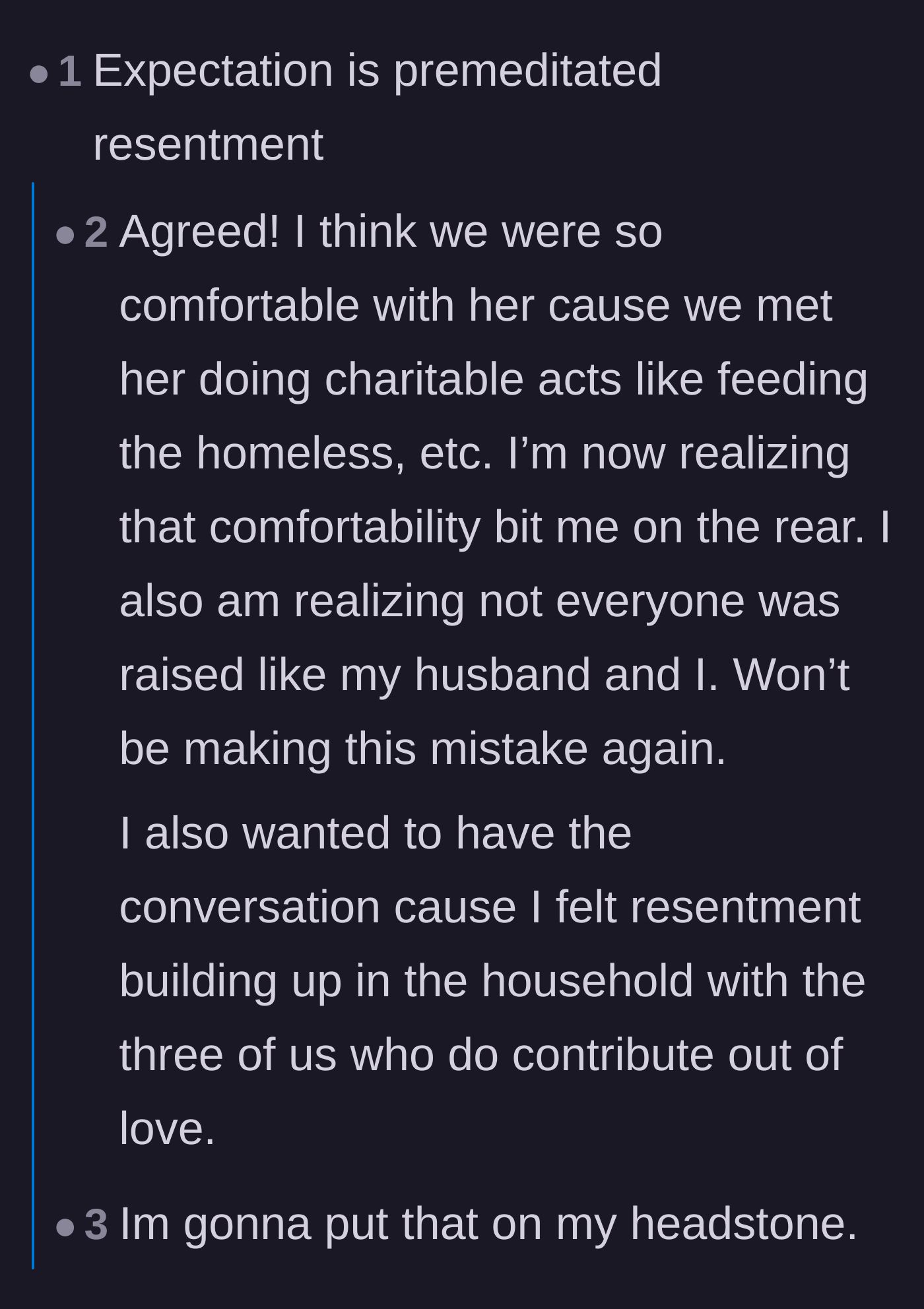 Comment thread 5 - The original poster chimes in about resentment, while commenters debate whether chores should be equated to household love.