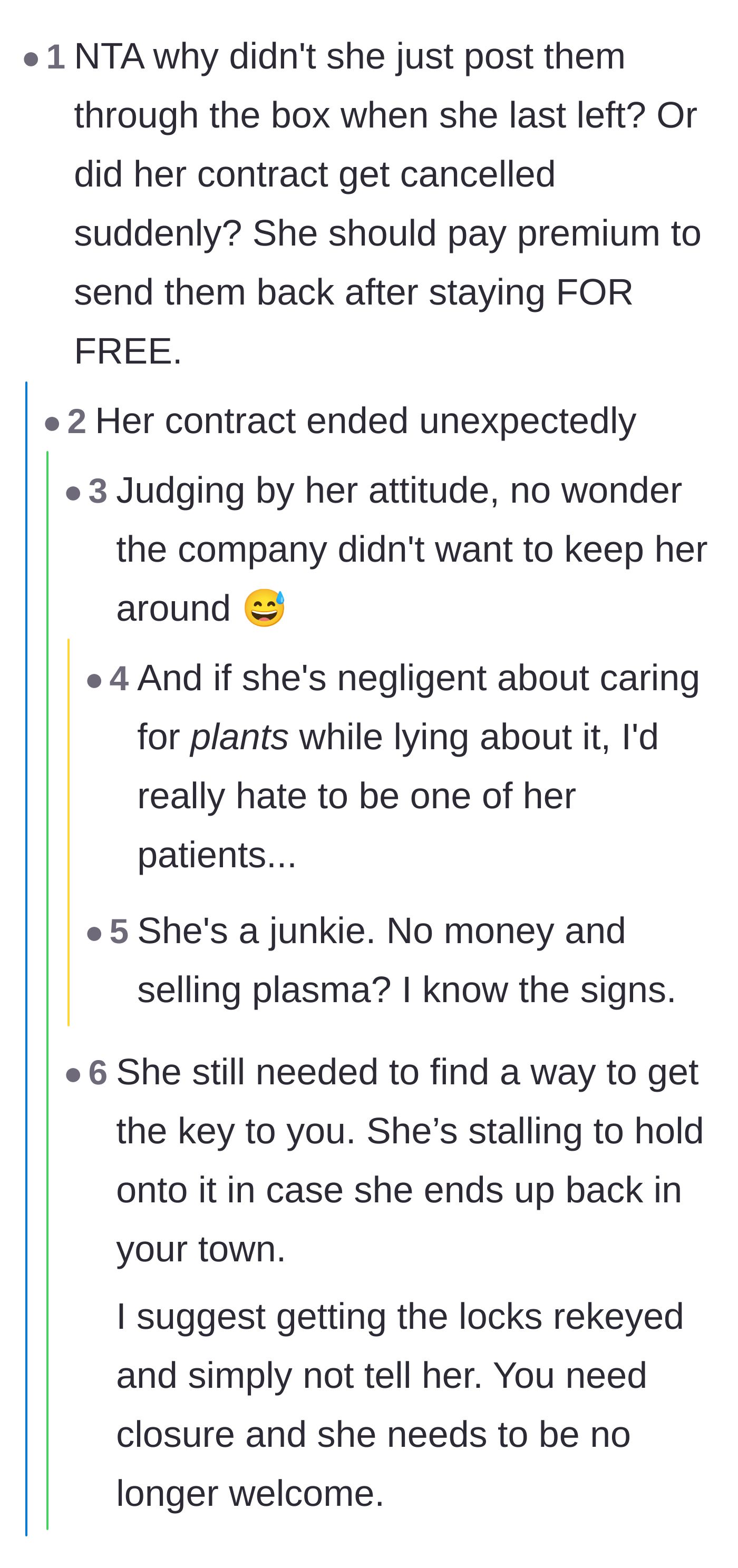 Comment thread 1 - Readers speculate about the colleague's sudden contract termination and suspicious plasma donations.