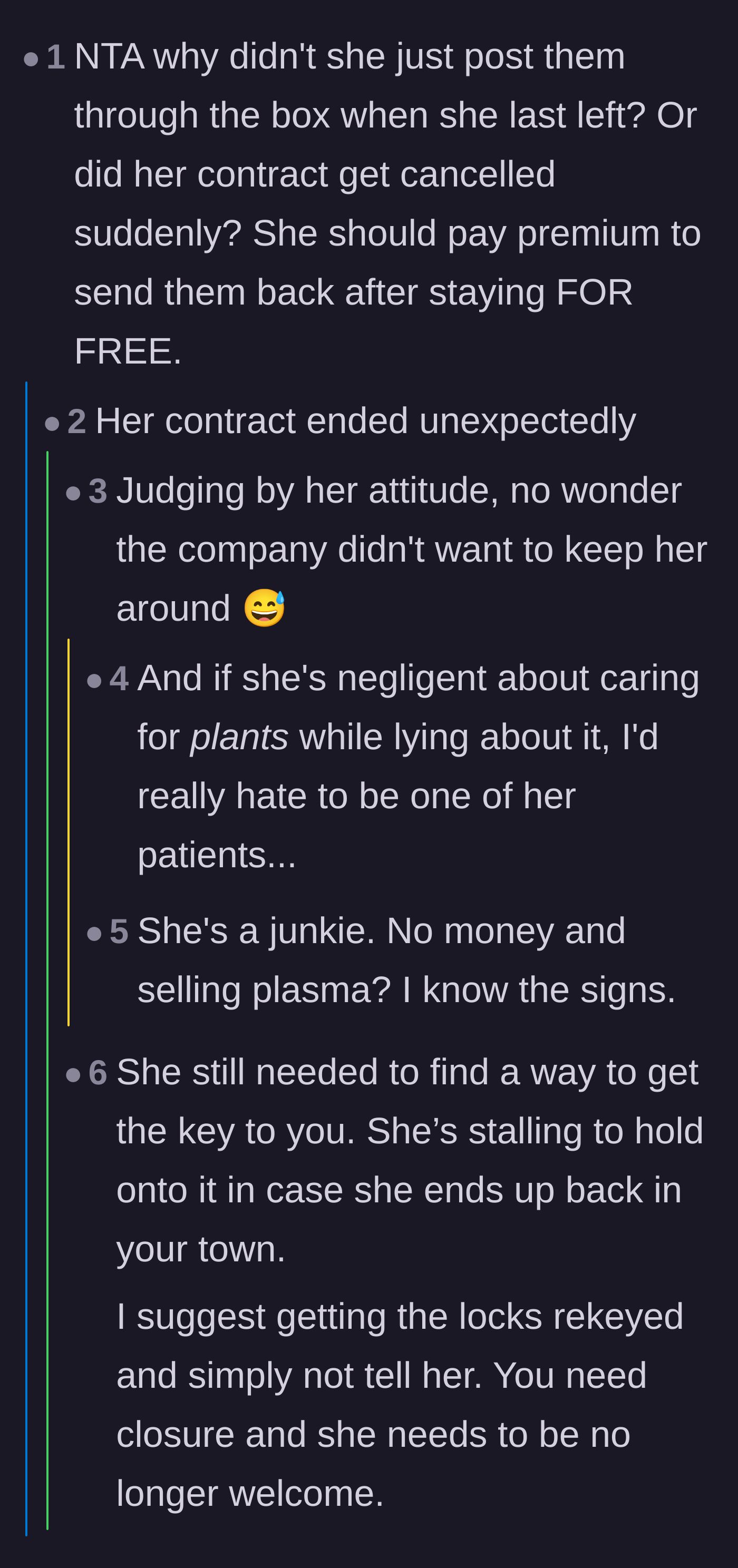 Comment thread 1 - Readers speculate about the colleague's sudden contract termination and suspicious plasma donations.