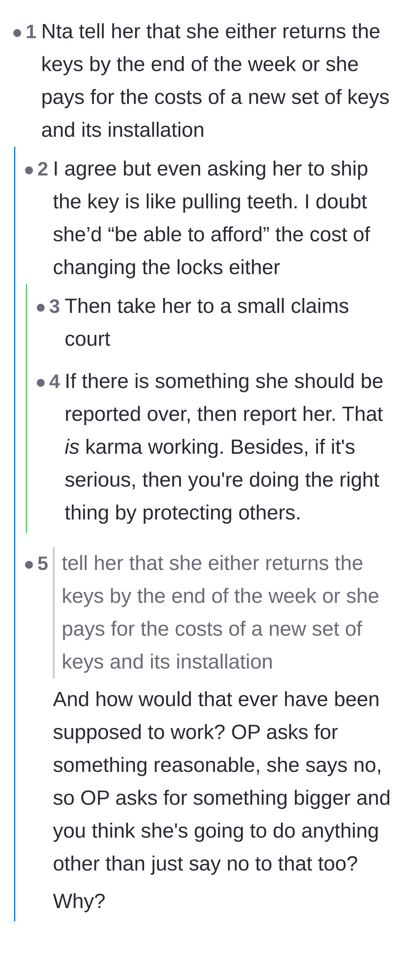 Comment thread 2 - A debate on demanding lock replacement costs, revealing the colleague's hidden legal troubles.