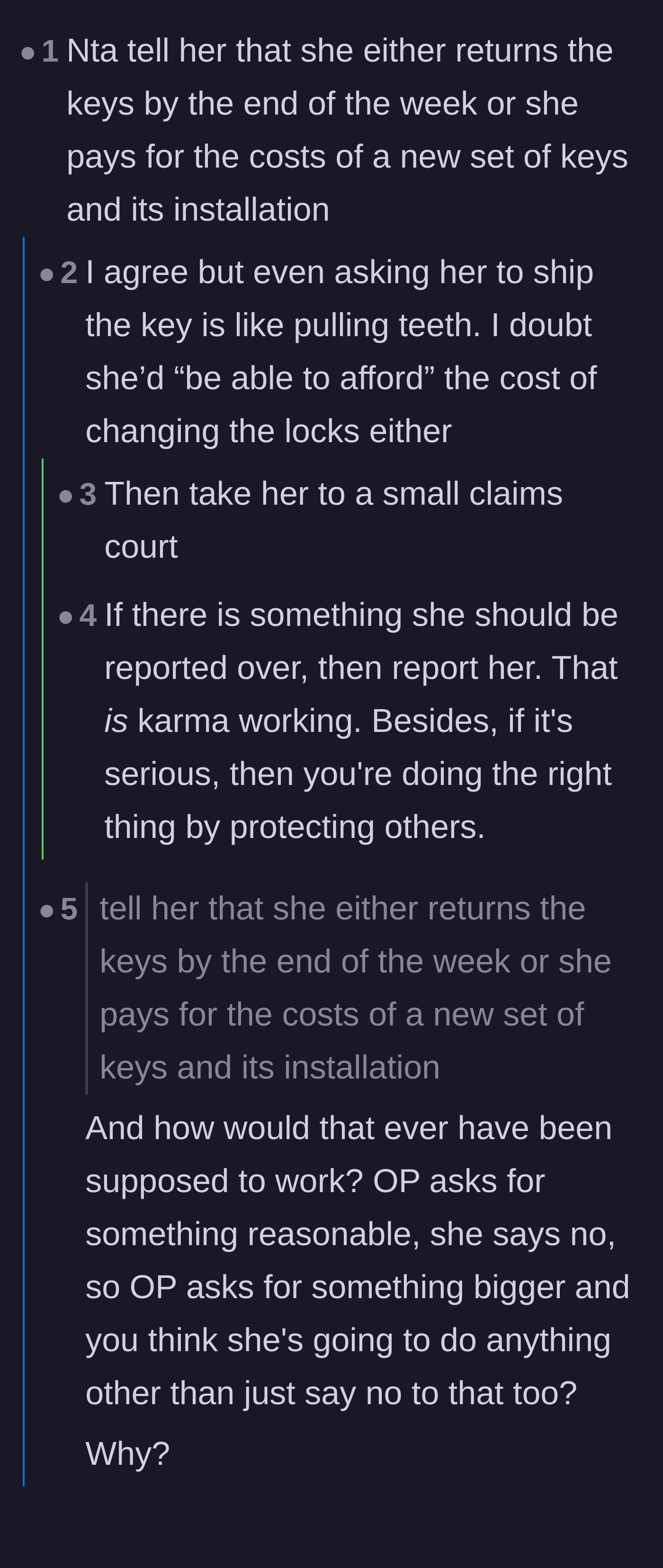 Comment thread 2 - A debate on demanding lock replacement costs, revealing the colleague's hidden legal troubles.