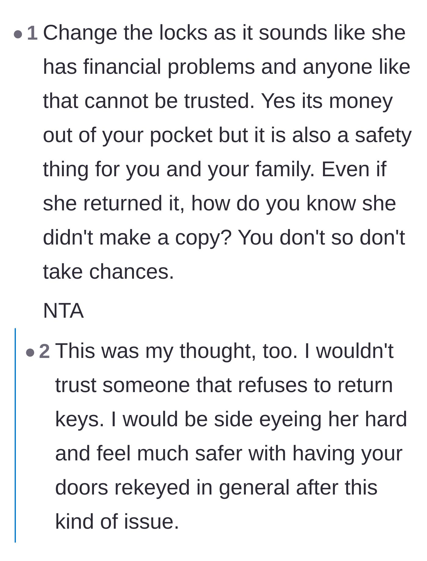 Comment thread 6 - Final consensus that the guest's financial instability and key hoarding present a genuine security threat.