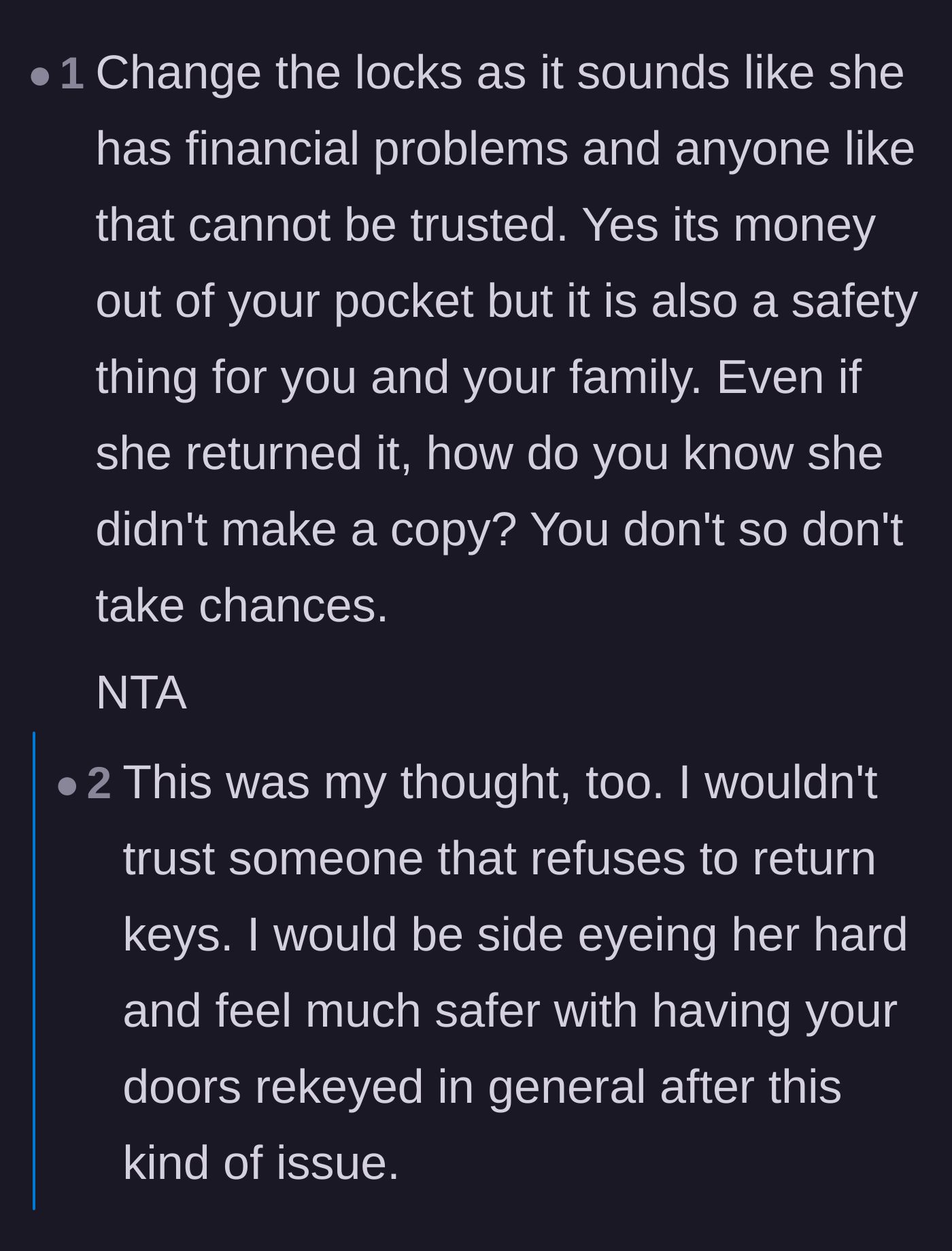 Comment thread 6 - Final consensus that the guest's financial instability and key hoarding present a genuine security threat.